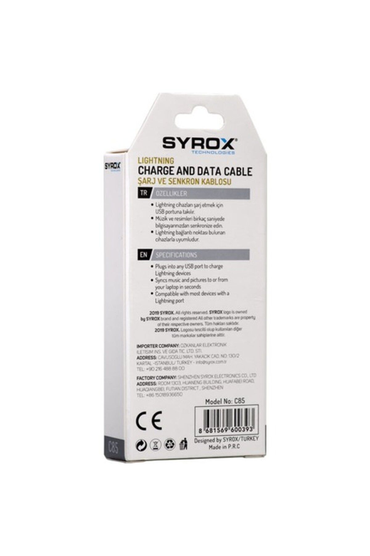 Syrox C85 Iphone Lightning Girişli 2.0a Şarj Ve Data Kablosu