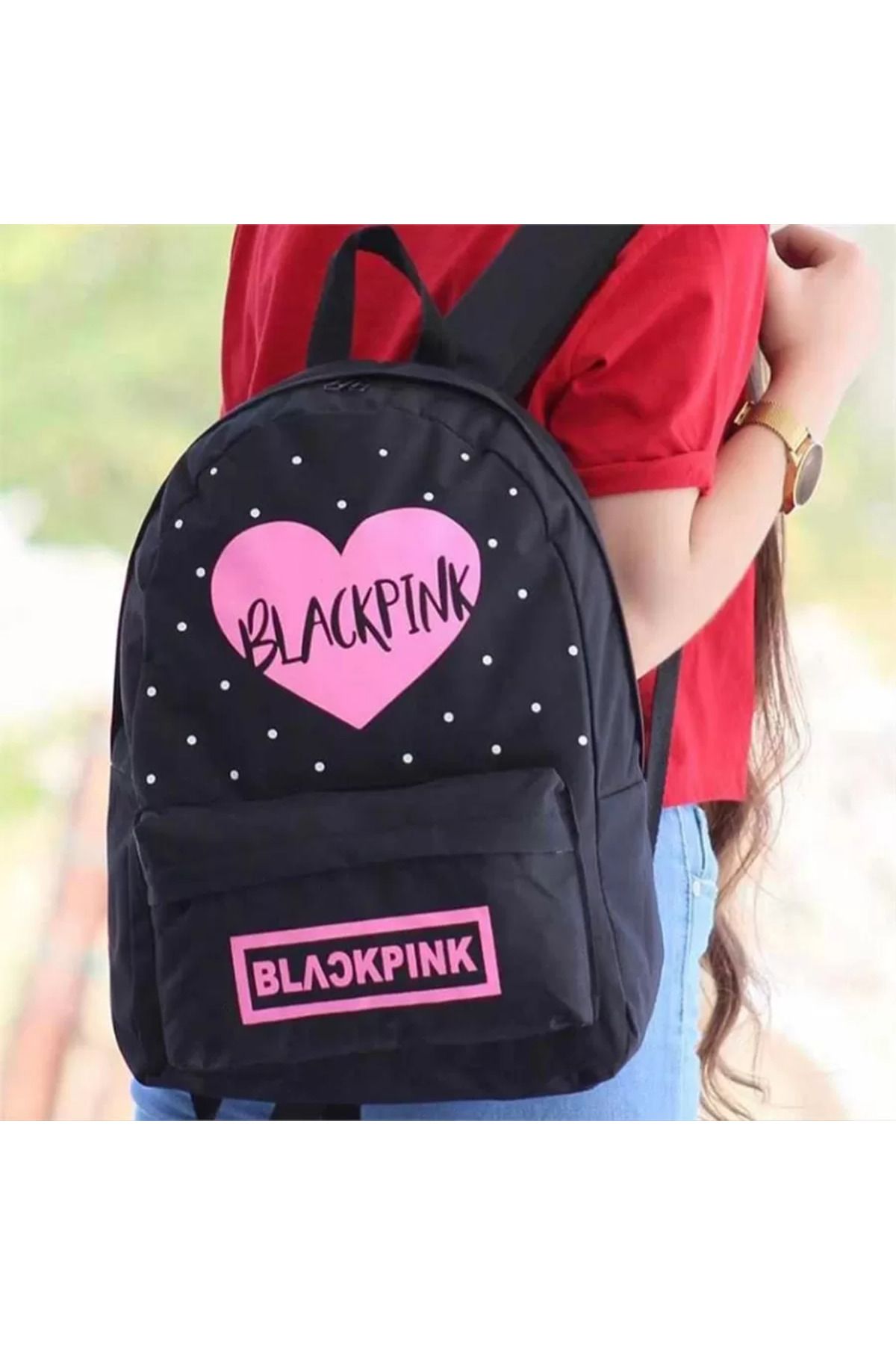 Köstebek Siyah Black Pink Puantiyeli Kalp Logo Okul Sırt Çantası