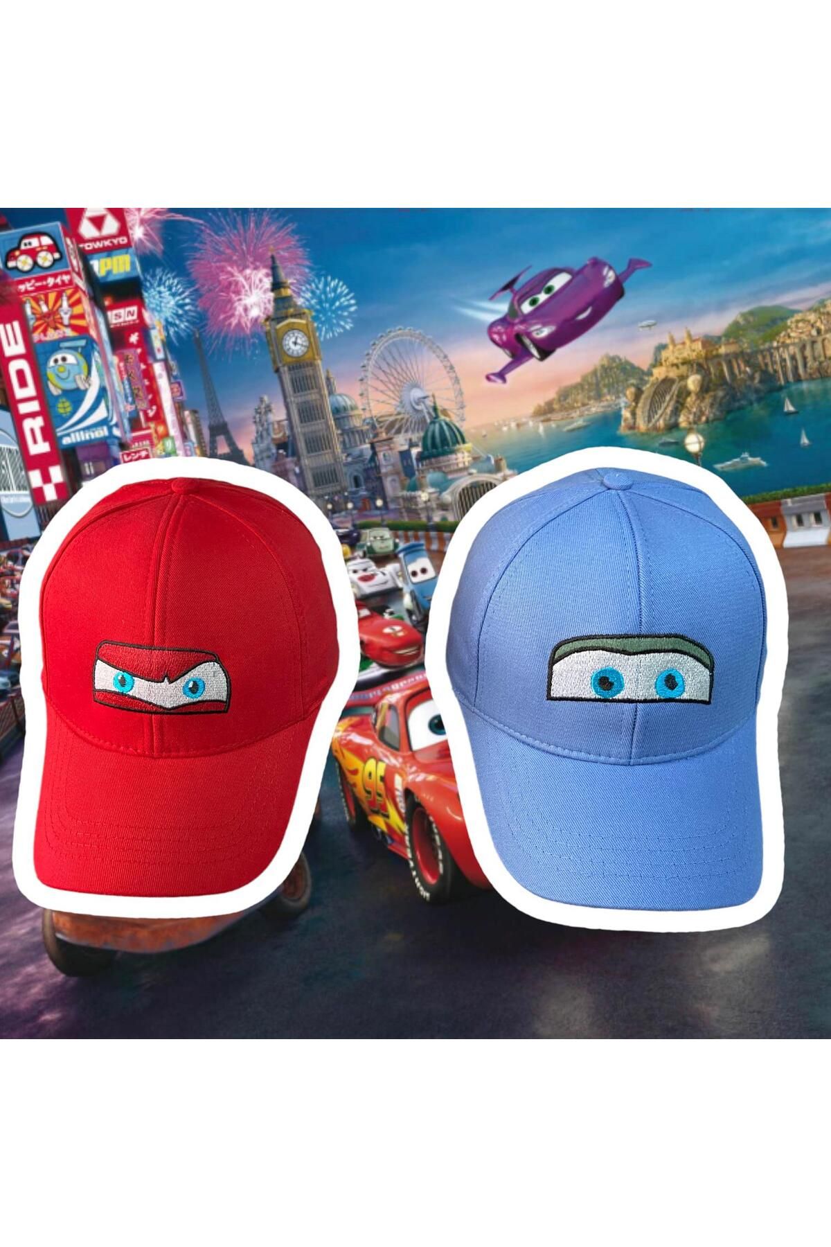 Köstebek Cars Kırmızı Mcqueen & Mavi Sally Çift Şapka