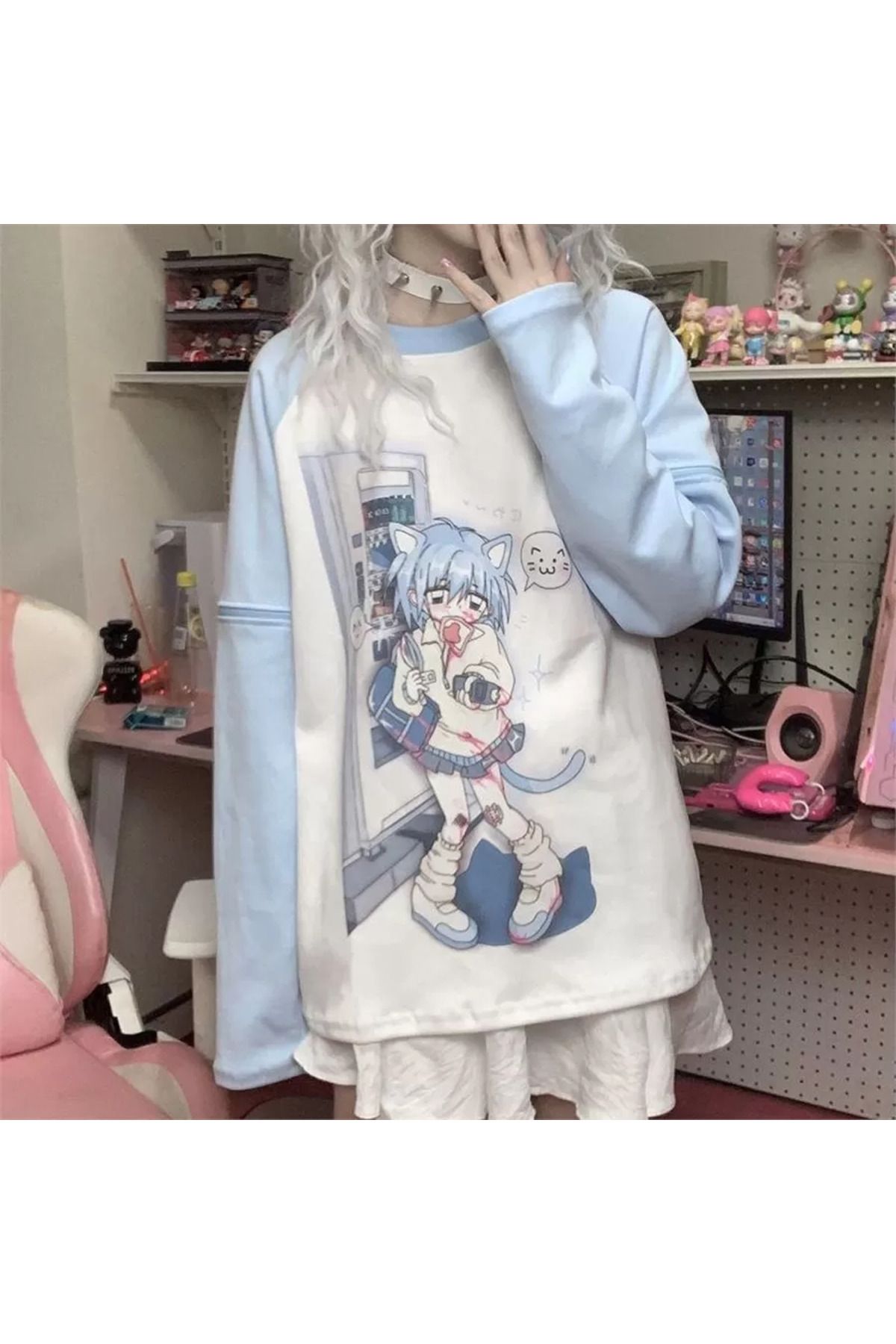 Köstebek Beyaz Raglan Japanese Cat Girl Mavi (UNİSEX) Çıkarılabilir Uzun Kollu