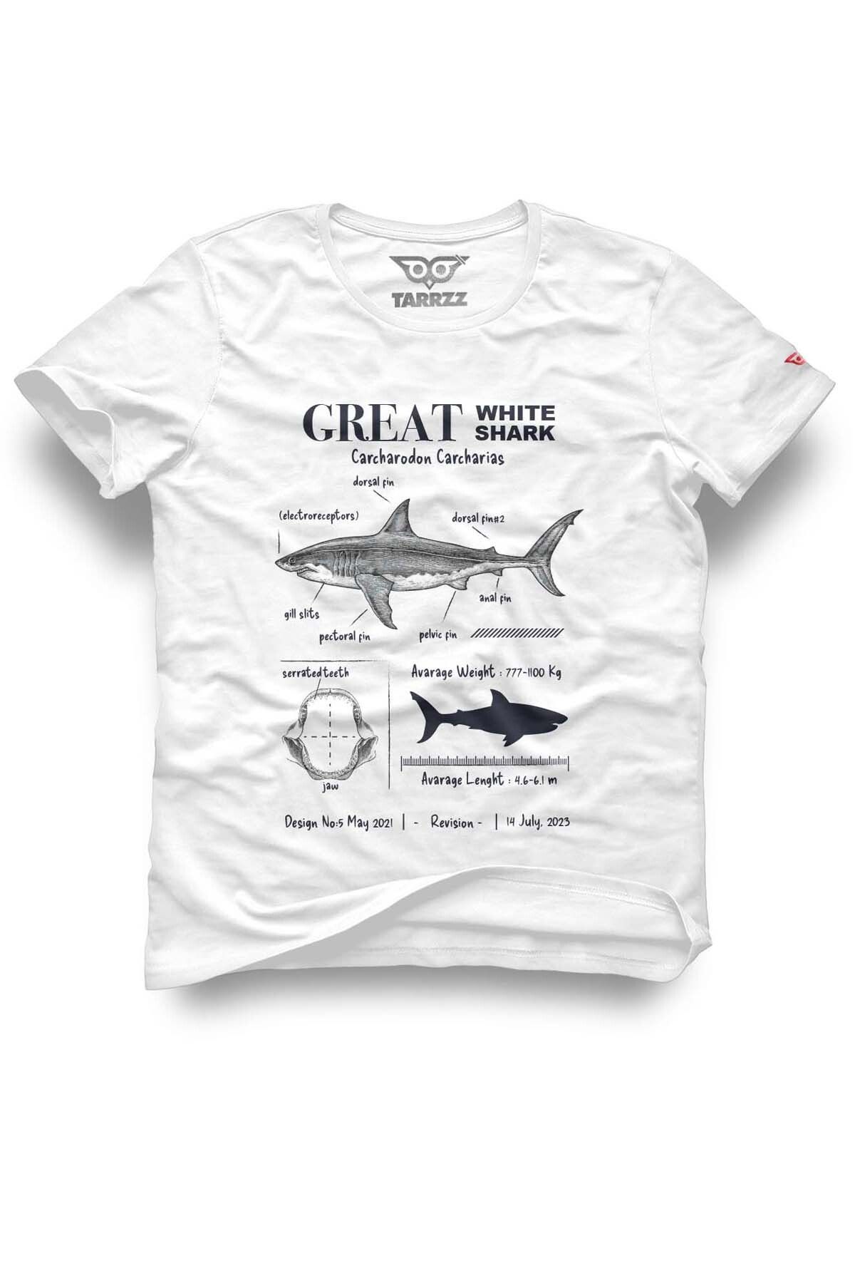 Tarrzzcom Anatomy Great White Shark Tasarım Tişört Pamuklu Kısa Kollu Bisiklet Yaka Baskılı Unisex T-shirt
