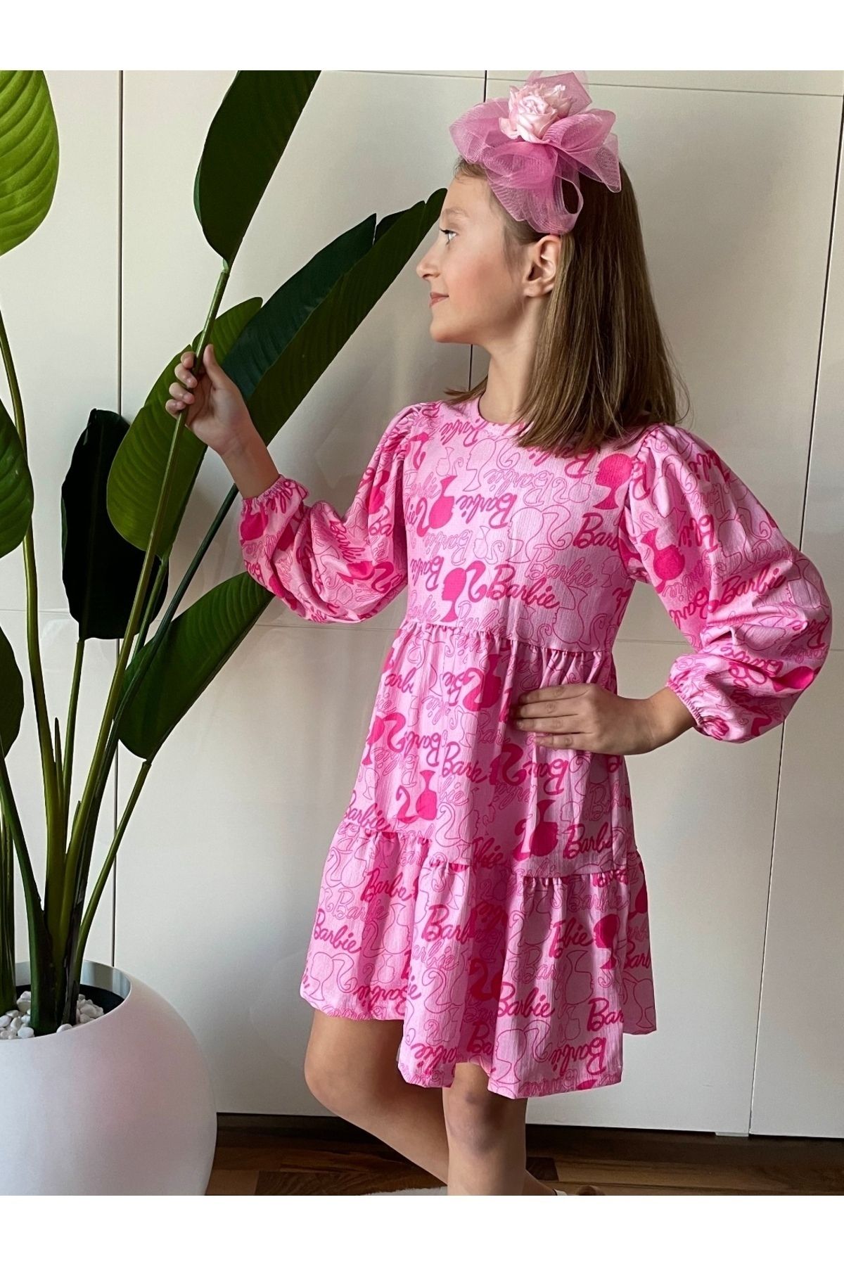 LOTUS KİDS Kız Çocuk Barbie Temalı Fuşya Pembe Elbise