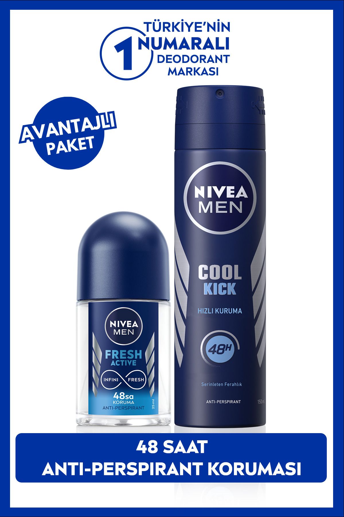 NIVEA Men Erkek Sprey Deodorant Cool Kick Fresh 150ml Ve Mini Roll-on Fresh Active 25ml