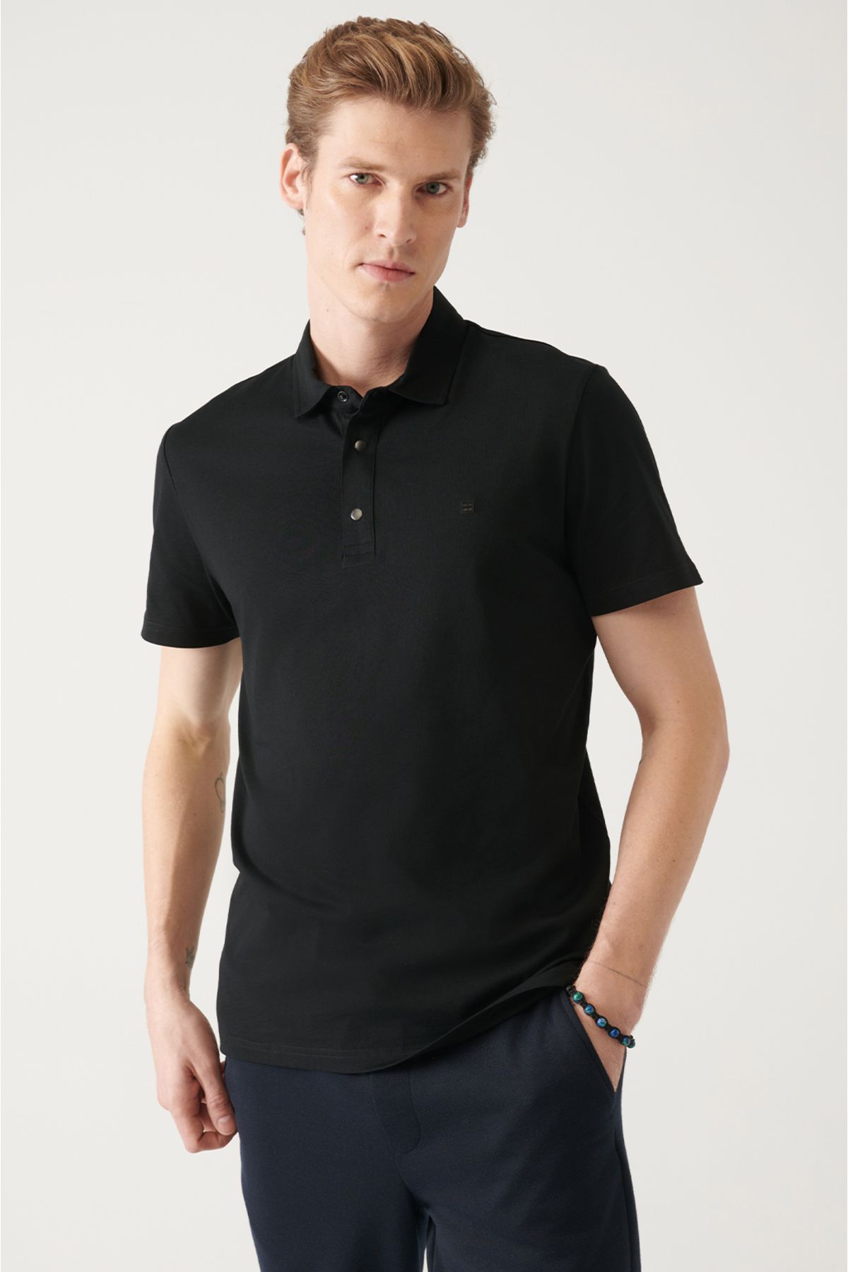 Avva Erkek Siyah %100 Pamuk Örme Regular Fit 3 Çıt Çıtlı Polo Yaka T-shirt E001033