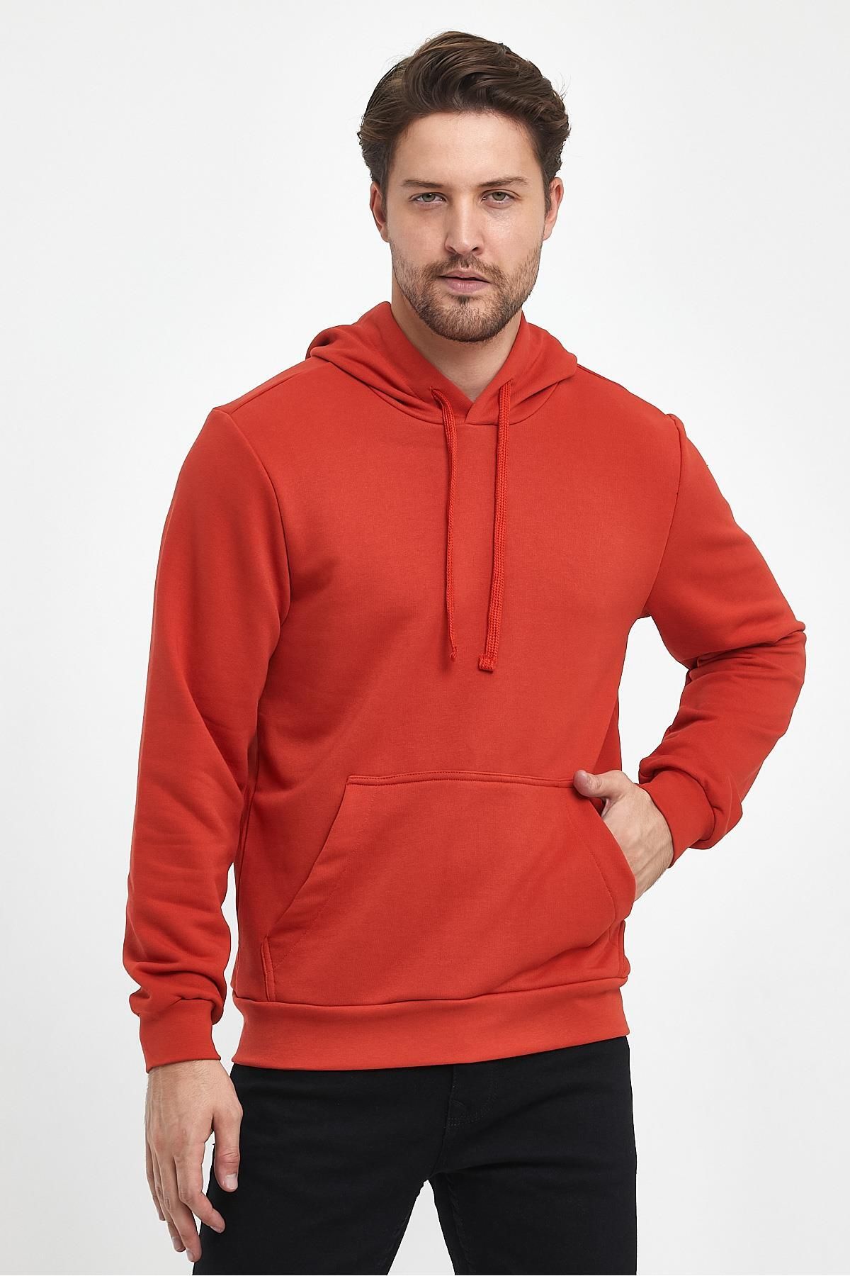 VENA Erkek Kapüşonlu Kırmızı Basic Pamuklu Hoodie Sweatshirt