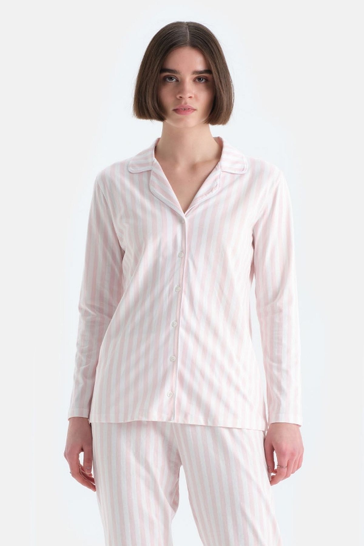Eros 33600 Kadın Uzun Kollu Çizgili Gömlek Pijama Takımı-pembe