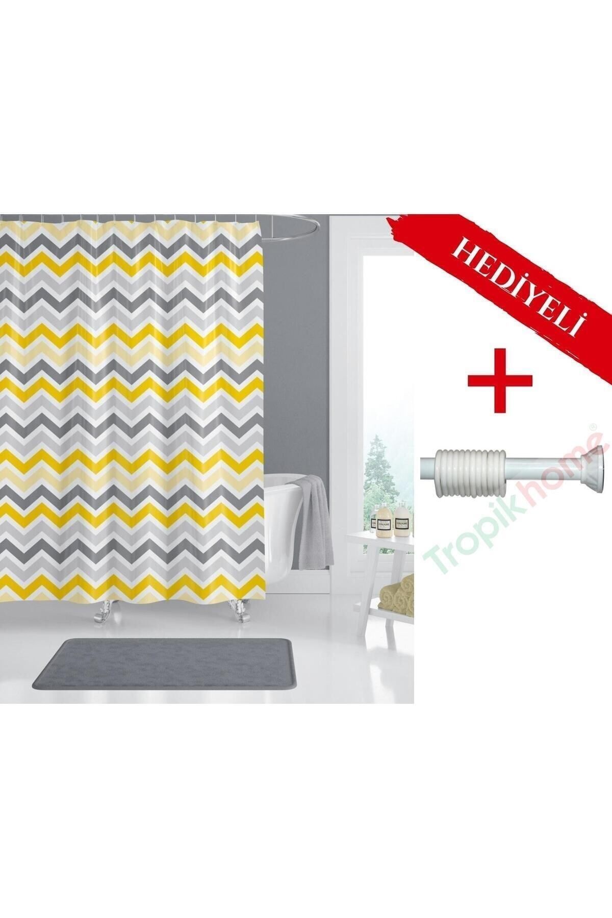 Tropikhome Sarı Banyo Perdesi Askı Hediyeli 180x200cm Tek Kanat Duş Perdesi, Renkli Banyo Duş Perdesi