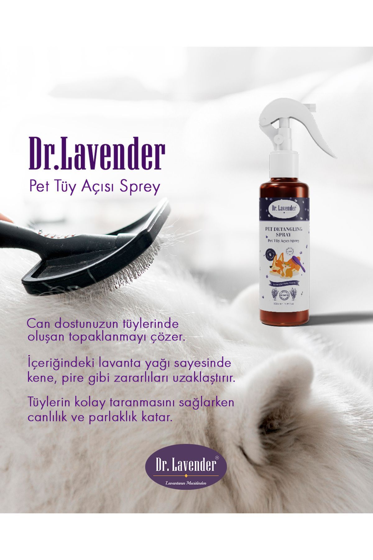 Dr. Lavender Lavantalı Pet Tüy Açıcı Kene Ve Pire Önleyici Kolay Taranma Ve Tüy Bakım Spreyi