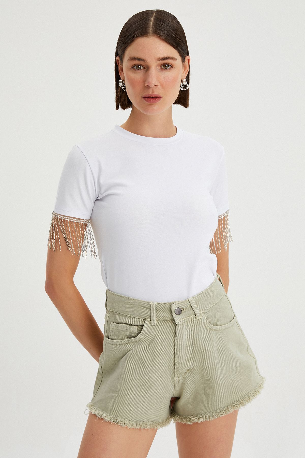 Park Karon Kadın Kolları Zincir Detaylı Basic T-shirt