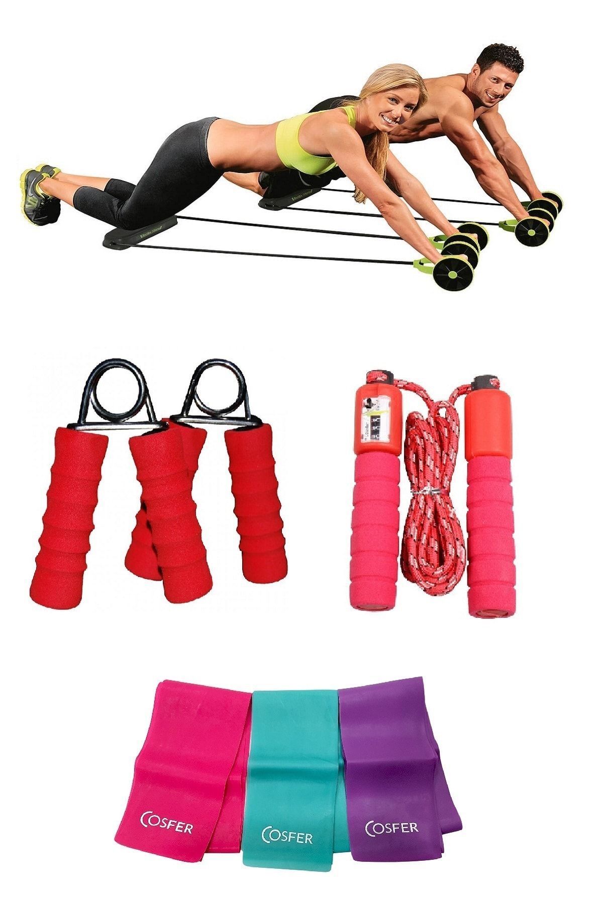 Nadom 4'lü Set Karın Kası Spor Aleti Kas Germe Güçlendirme 3'lü Pilates Bandı Sayaçlı Atlama Ipi El Yayı