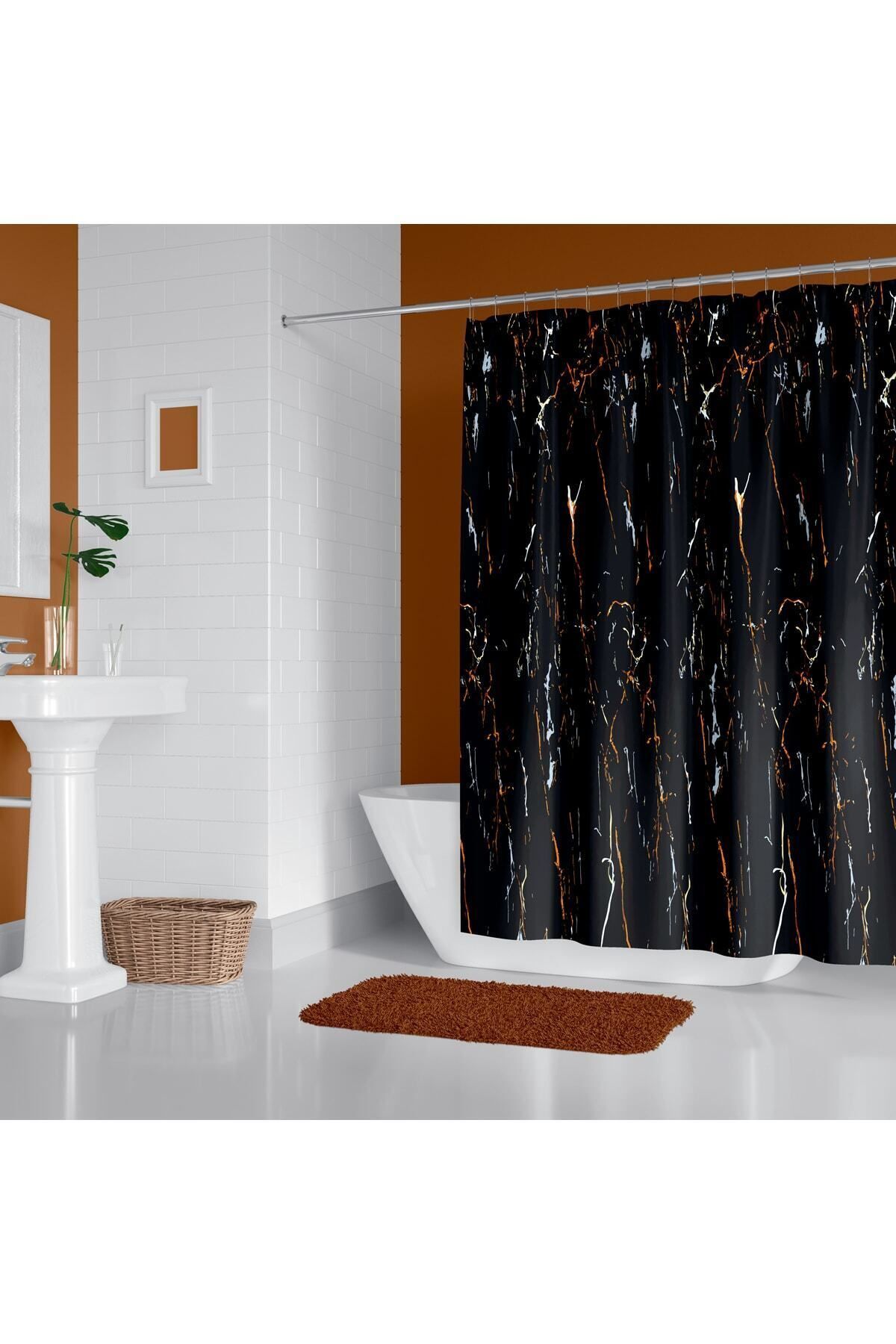 Tropikhome Siyah Mermer Desenli Banyo Perdesi, 180x200cm Duş Perdesi-tek Kanat Duş Perdesi-c Halka Hediyeli