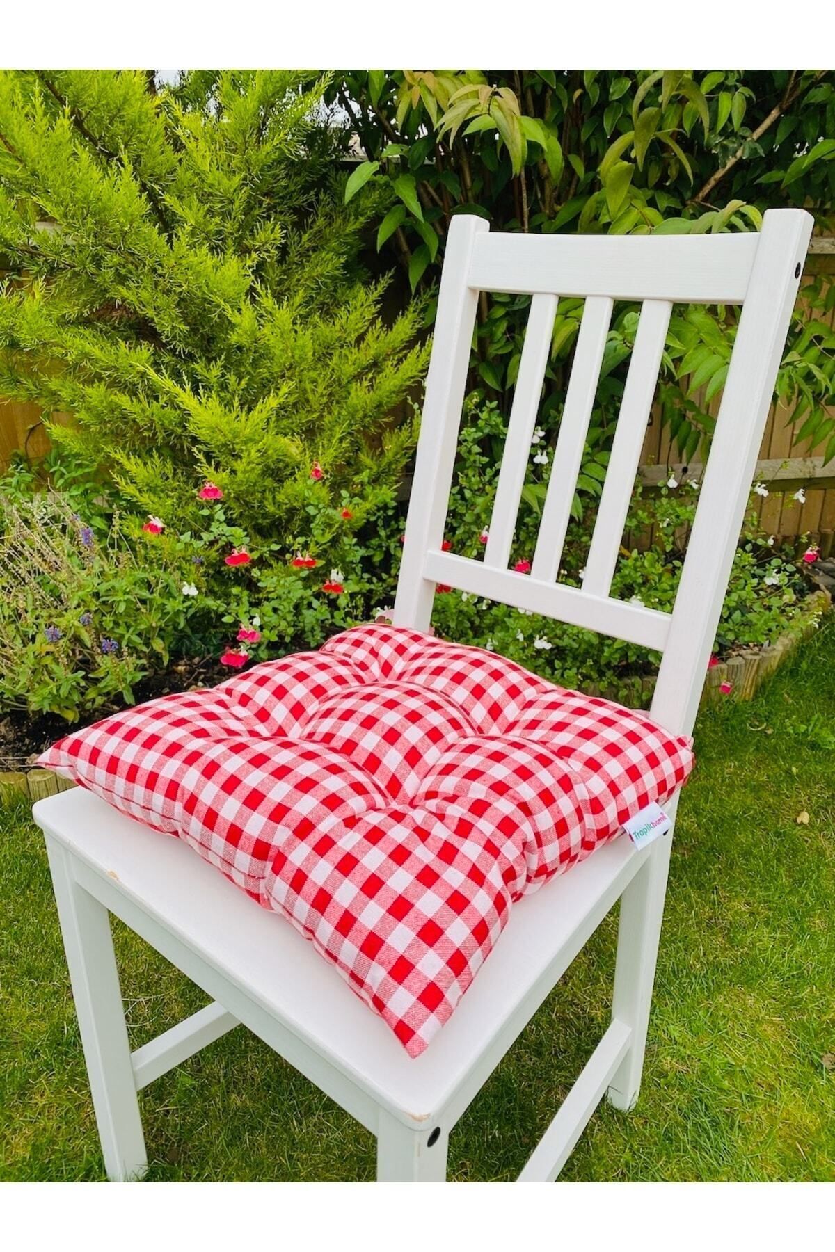 Tropikhome 4lu Sandalye Minderi Seti Ekose Kırmızı Bahçe Minderi, 40x40 Cm Yıkanabilir Sandalye Minderi