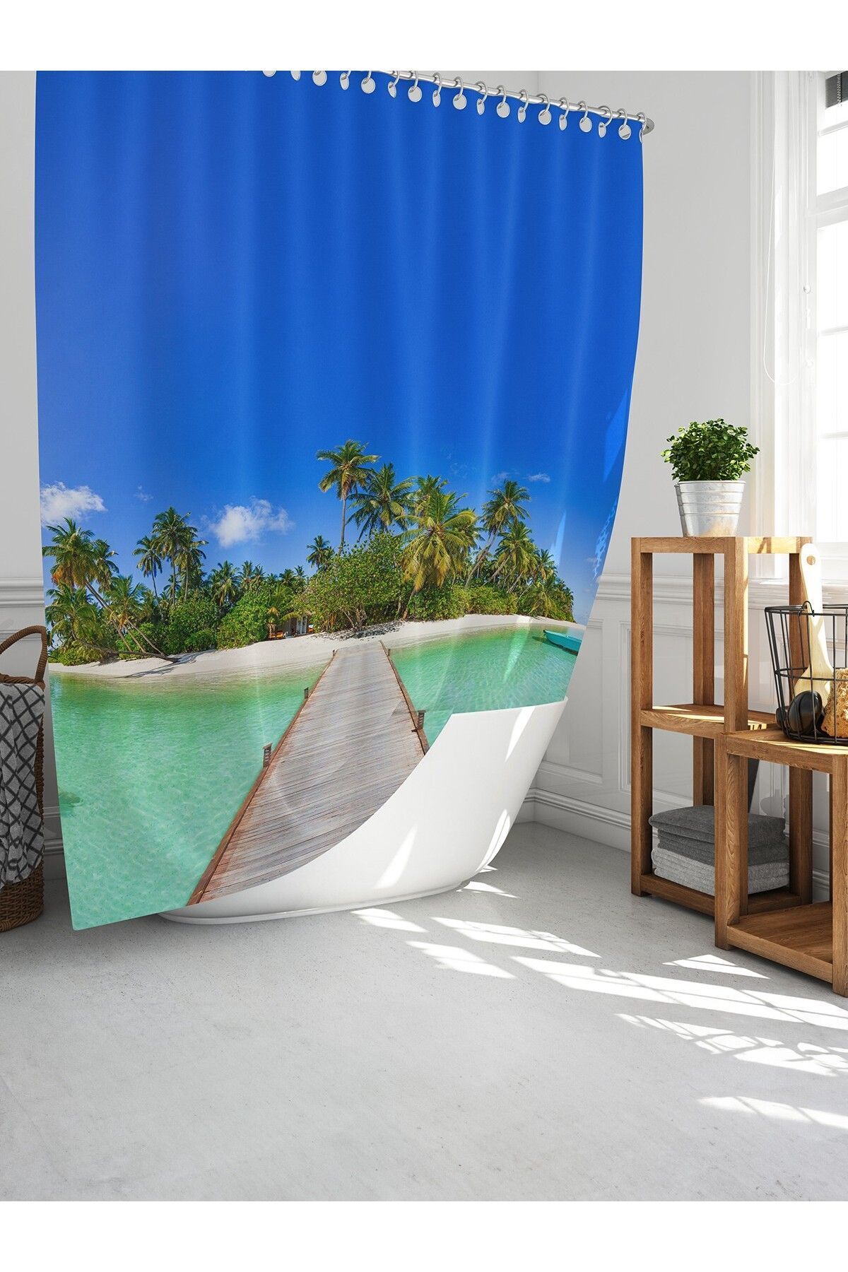 Tropikhome Banyo Duş Perdesi İskele Desen Plaj Dijital Baskılı Banyo Perdesi, Tek Kanat C Halkalı-180x200 cm