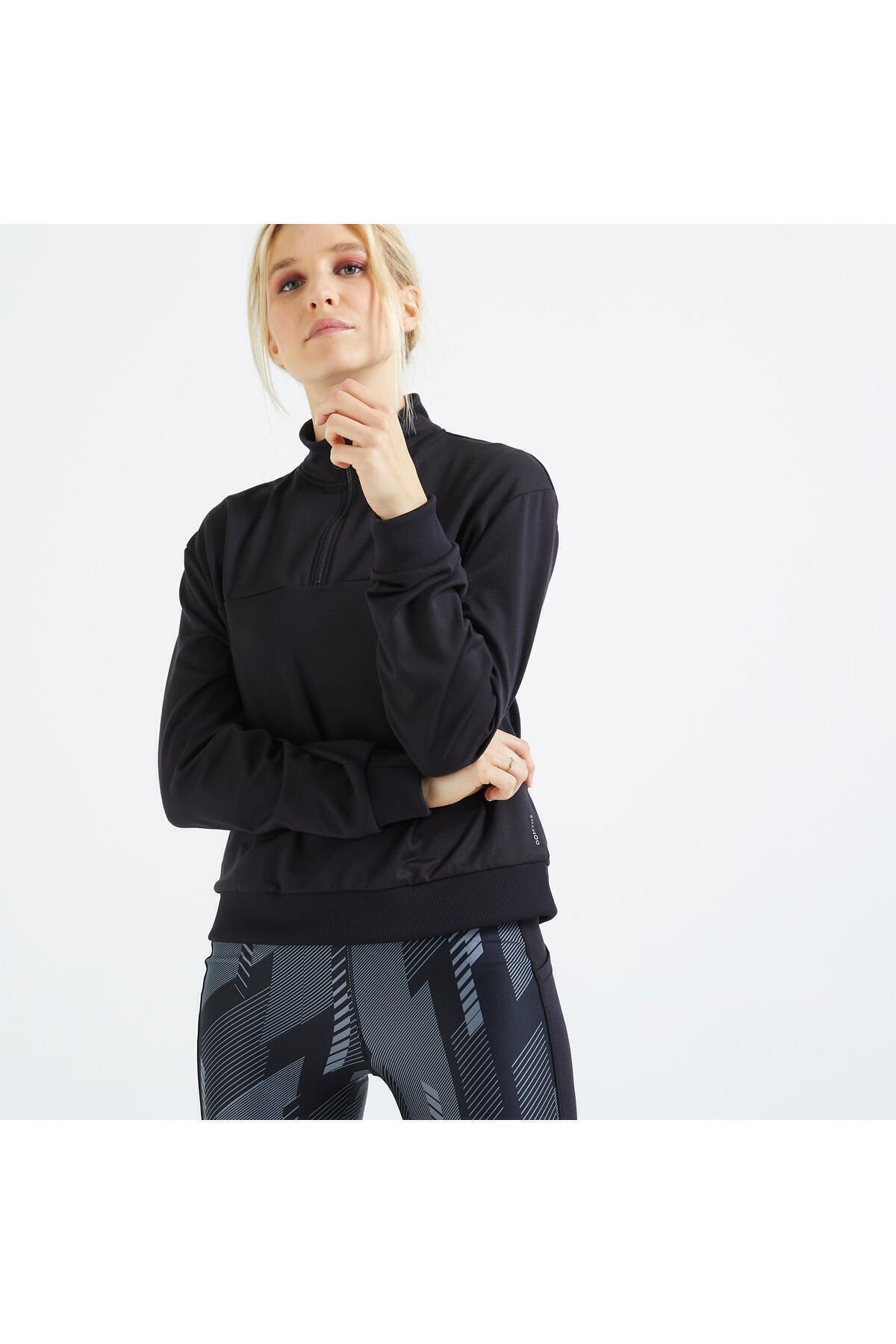 Decathlon Domyos Kadın Siyah Yarım Fermuar Sweatshirt 120 - Fitness Karidyo