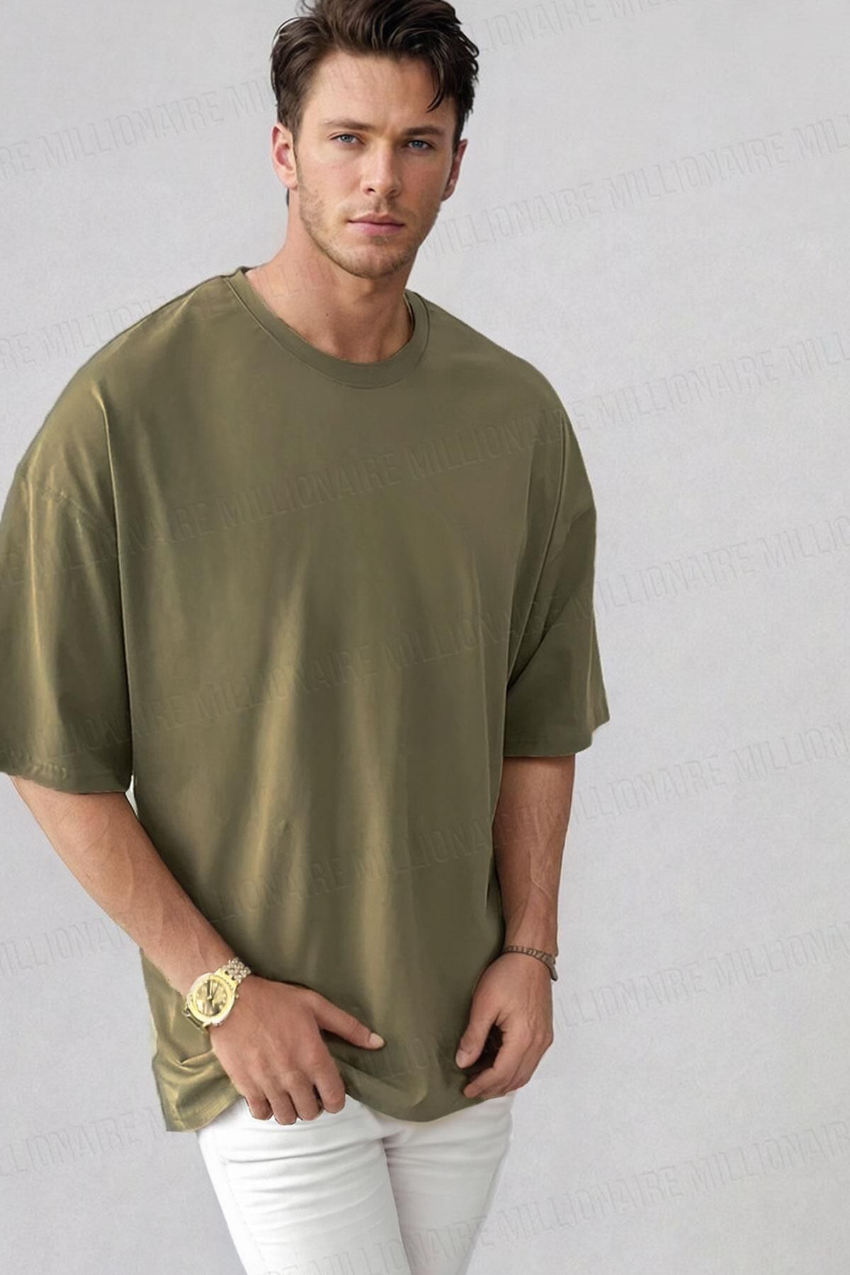 Teenage Millionaire Erkek Haki Yeşili Bisiklet Yaka Düz Basic Baskısız Oversize Salas T-Shirt