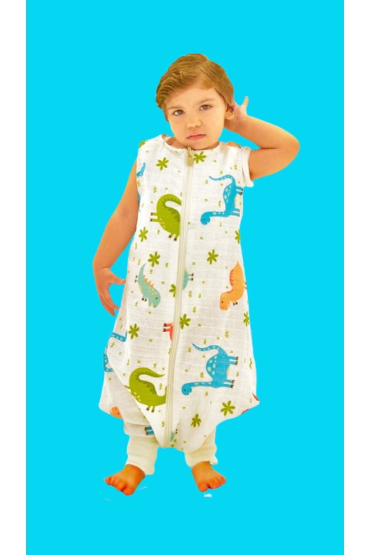 Happystore Elyafsız Yazlık Baharlık Oeko-tex Sertifikalı %100 Pamuk Müslin Dinozor Çocuk Bebek Uyku Tulumu