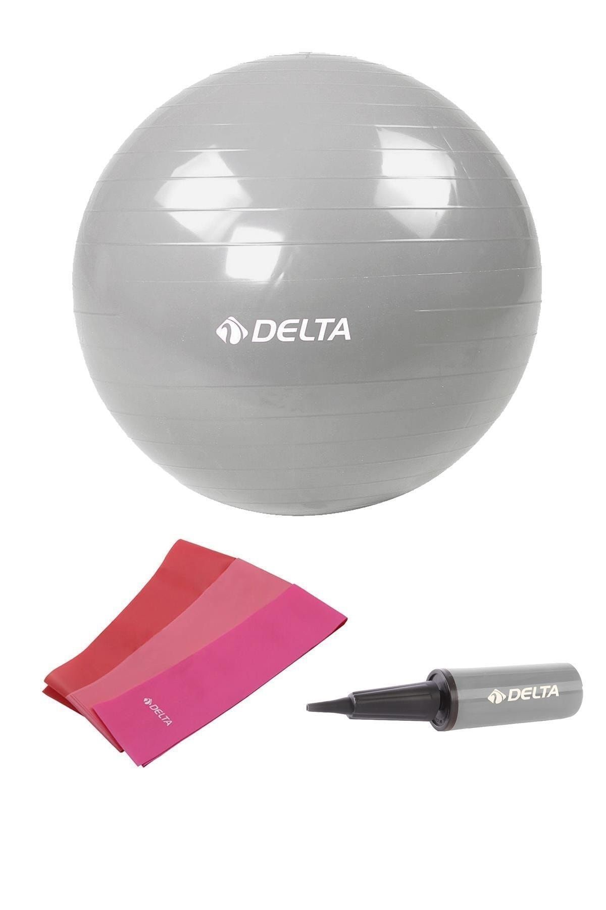 Delta 55 cm Pilates Topu 3'lü Pilates Bandı Egzersiz Direnç Lastiği Pilates Topu Pompası 5'li Set