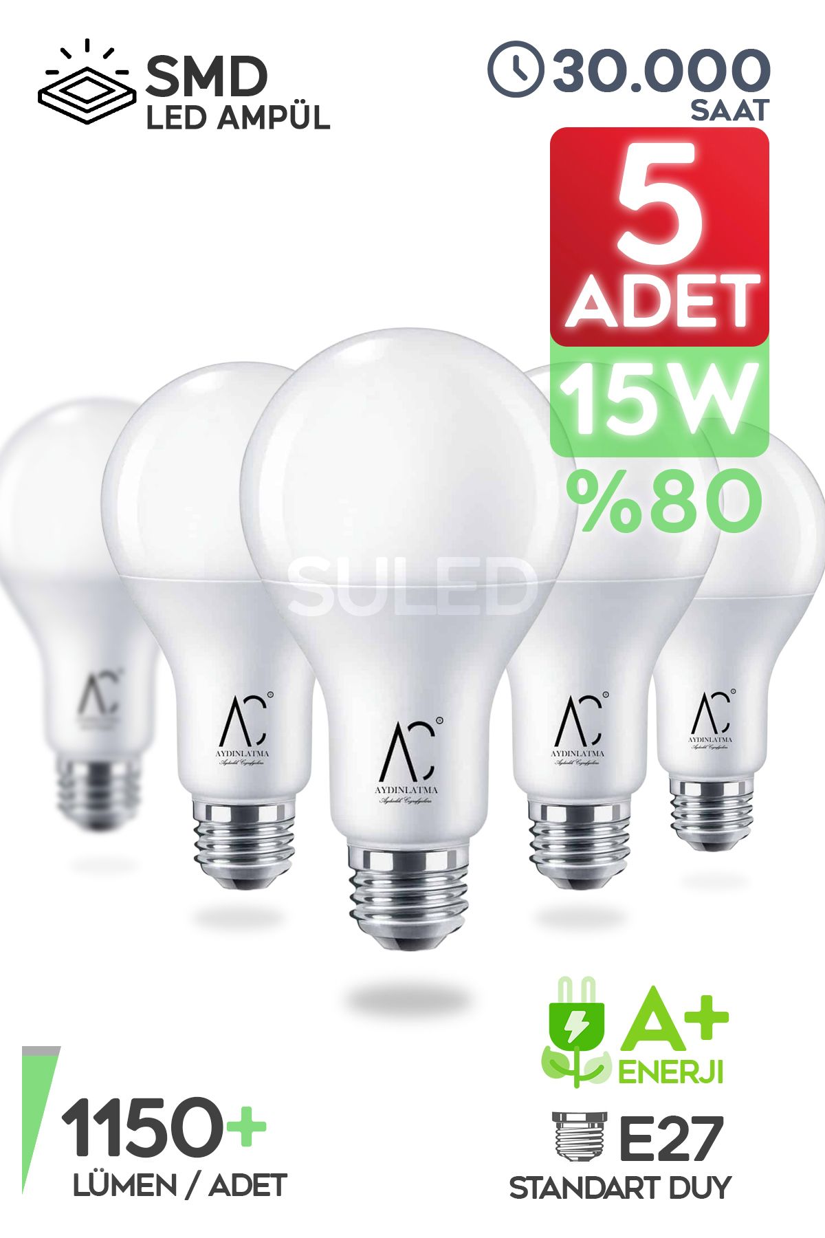 SULED Tasarruflu Led Ampül 5'li Set 15w 1150lm Smd Led Beyaz Işık 6500k E27 Standart Lamba