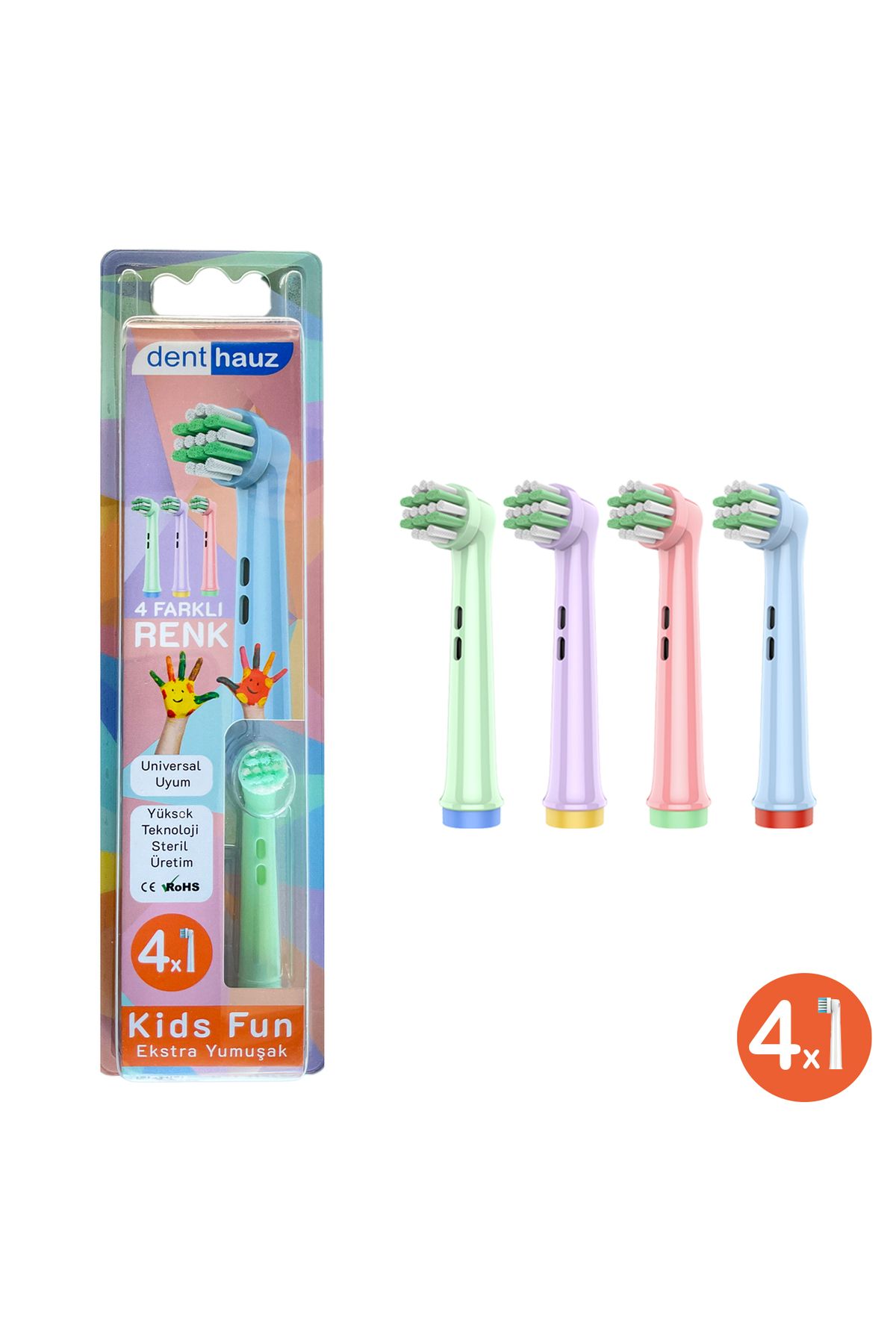 Denthauz Kids Fun - Narin yumuşak Oral-B Uyumlu Diş Fırçası Başlığı - 4 Adet Yedek Başlık