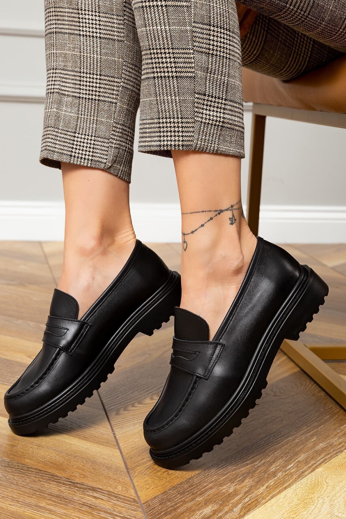 Deery Hakiki Deri Siyah Loafer Kadın Ayakkabı