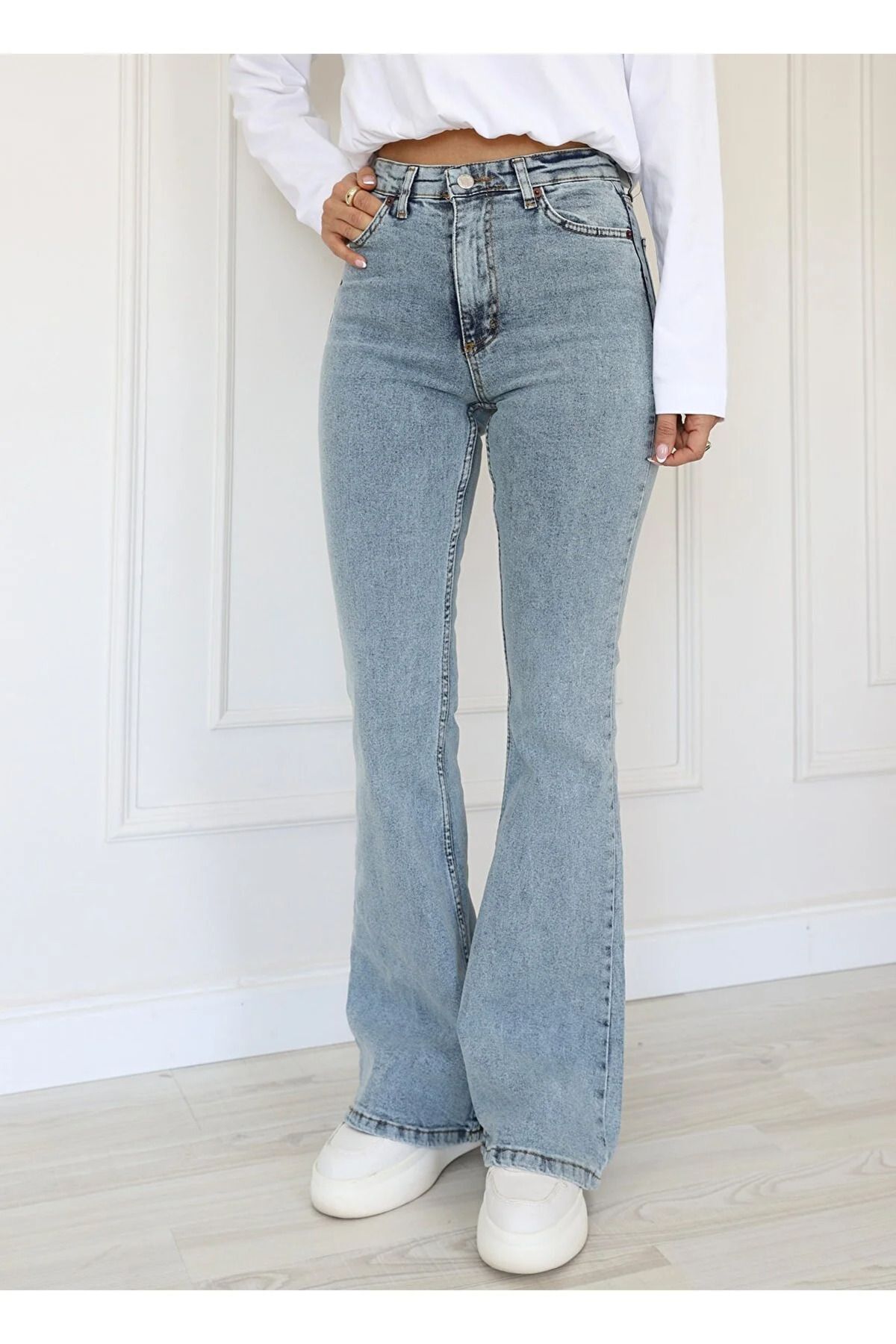 MAKRAS EXCLUSIVE Julia Jeans Kadın Mavi Kar Yıkama Yüksek Bel Comfort Likralı İspanyol Paça Kot Pantolon Jeans