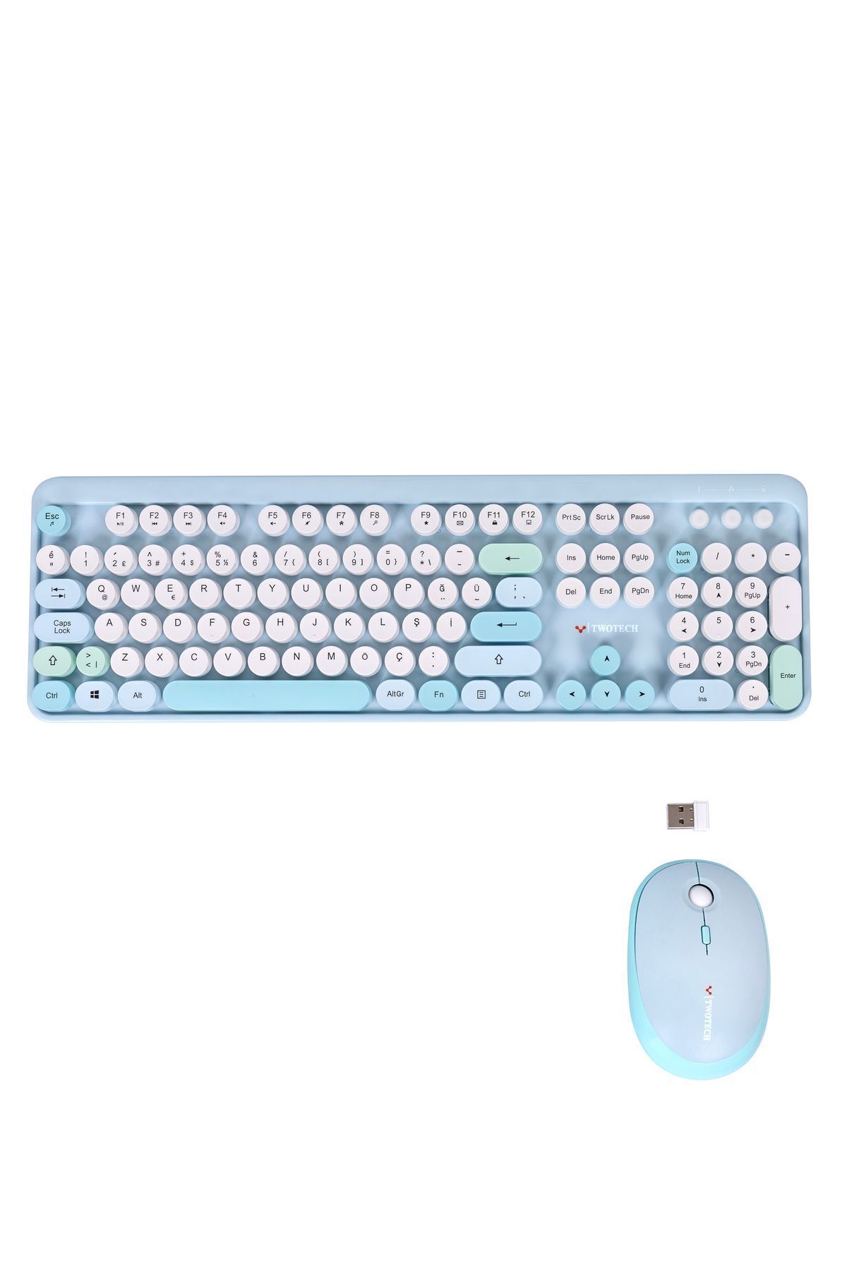 TWOTECH Renkli Tuşlu Kablosuz Mavi Q Türkçe Klavye Mouse Seti