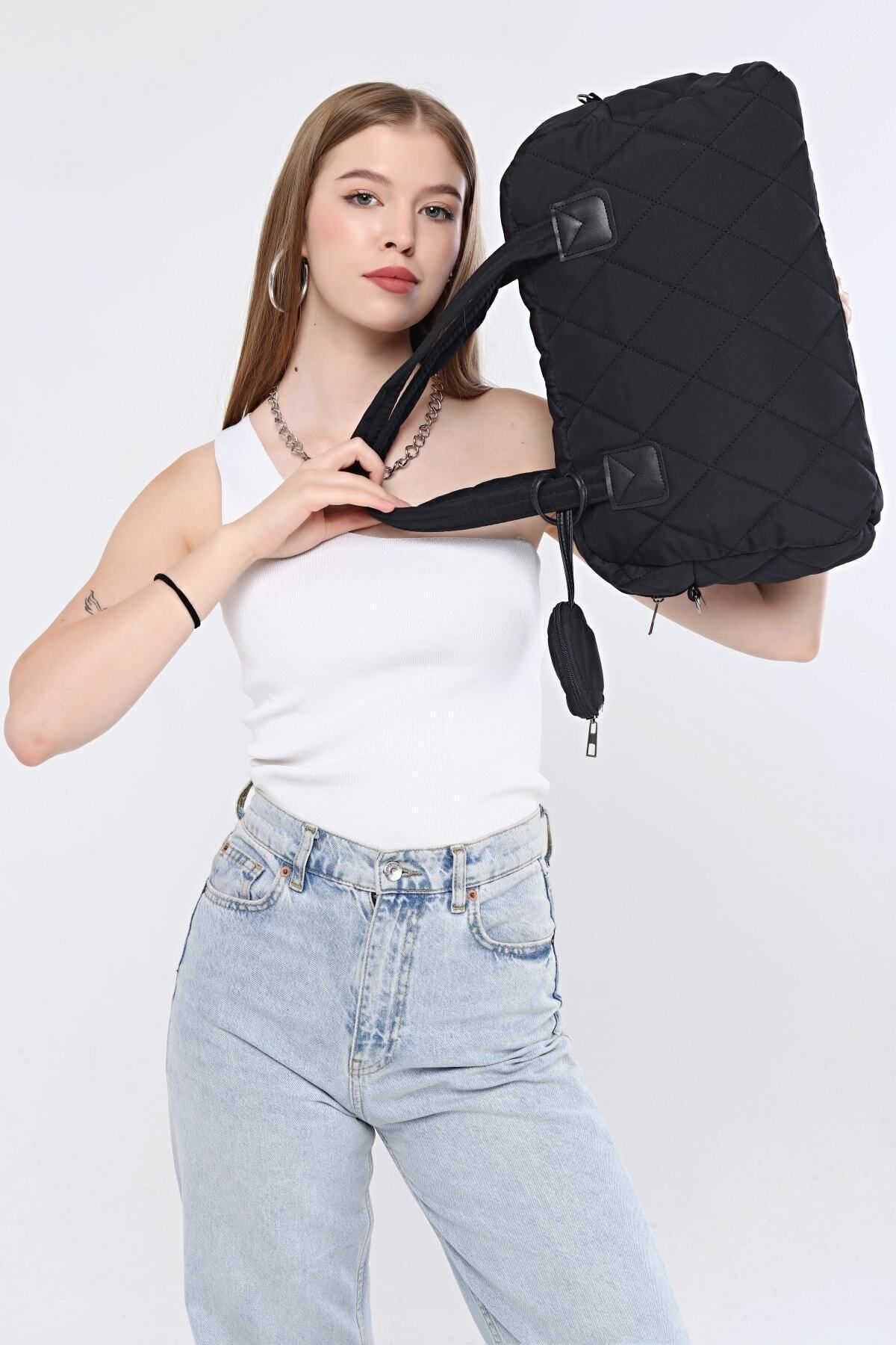 UK Bags Trend Siyah Baklava Desenli Omuz Çantası Kadın Çanta Paraşüt Çanta