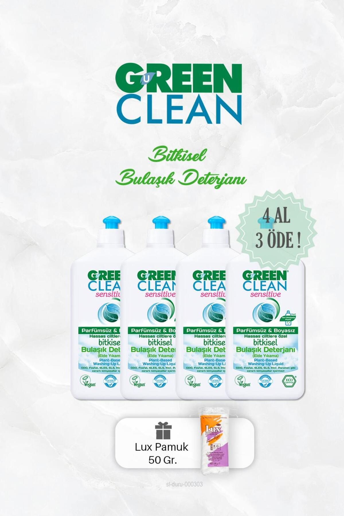 Green Clean Bitkisel Bulaşık Deterjanı Sensitive 4 Al 3 Öde 500 ml Ve Pamuk
