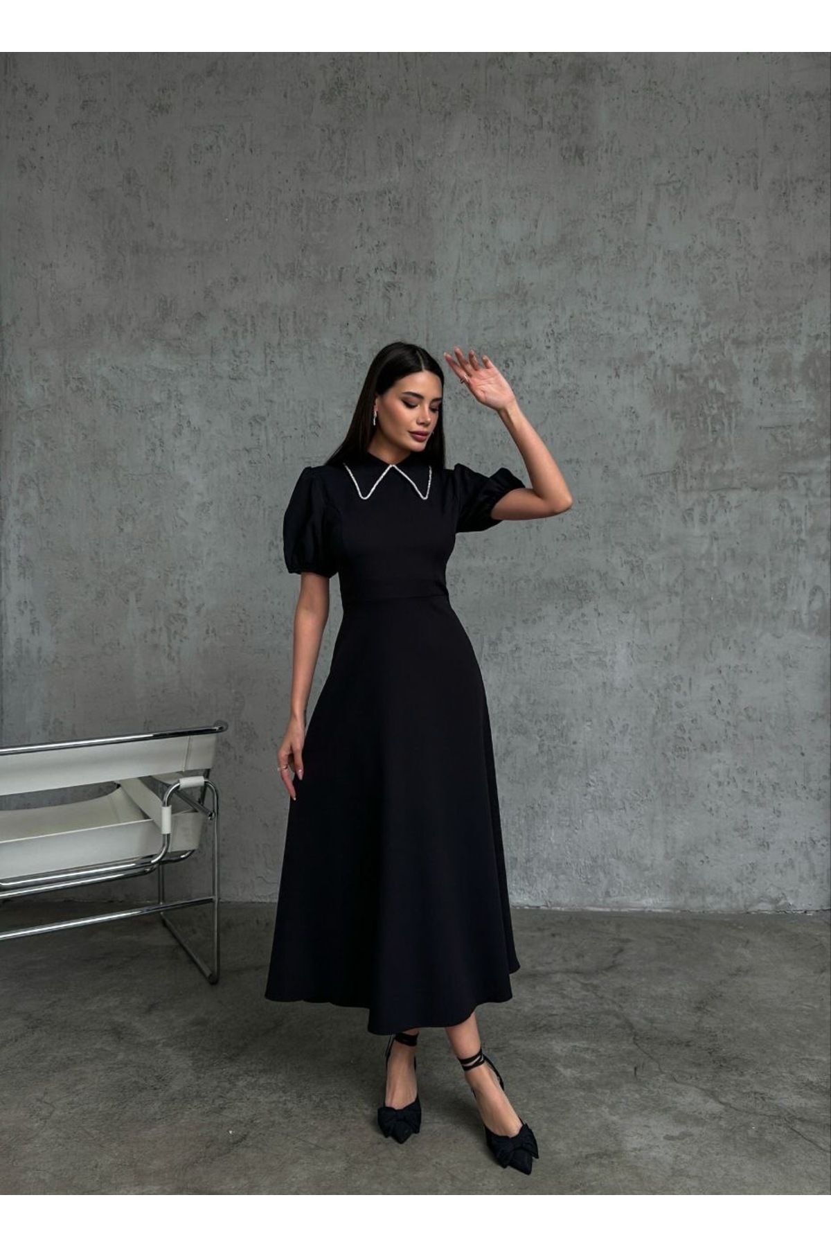 EMAYS DESIGN Kadın Siyah Taş detaylı Balon Kollu Elbise