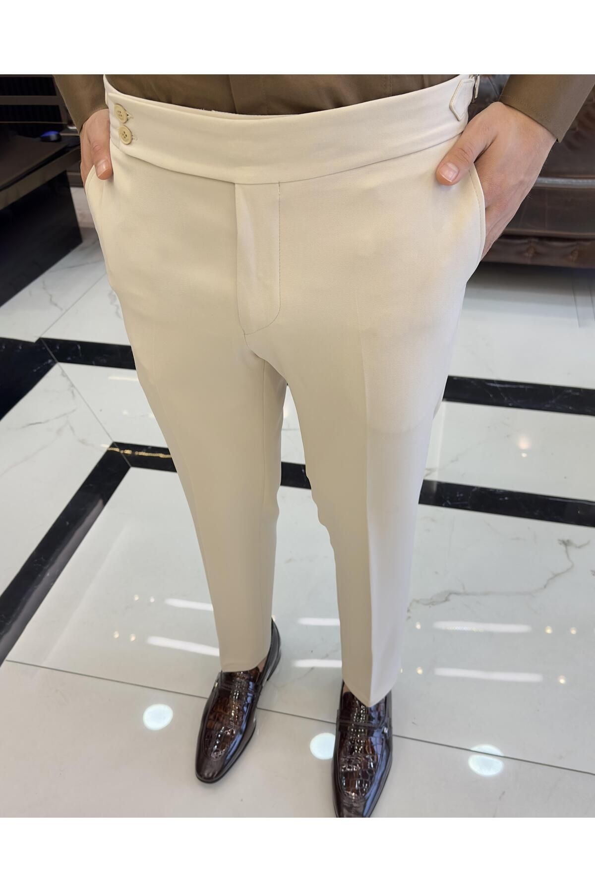 TerziAdemAltun İtalyan stil slim fit bel detaylı erkek pantolon ekru T10562
