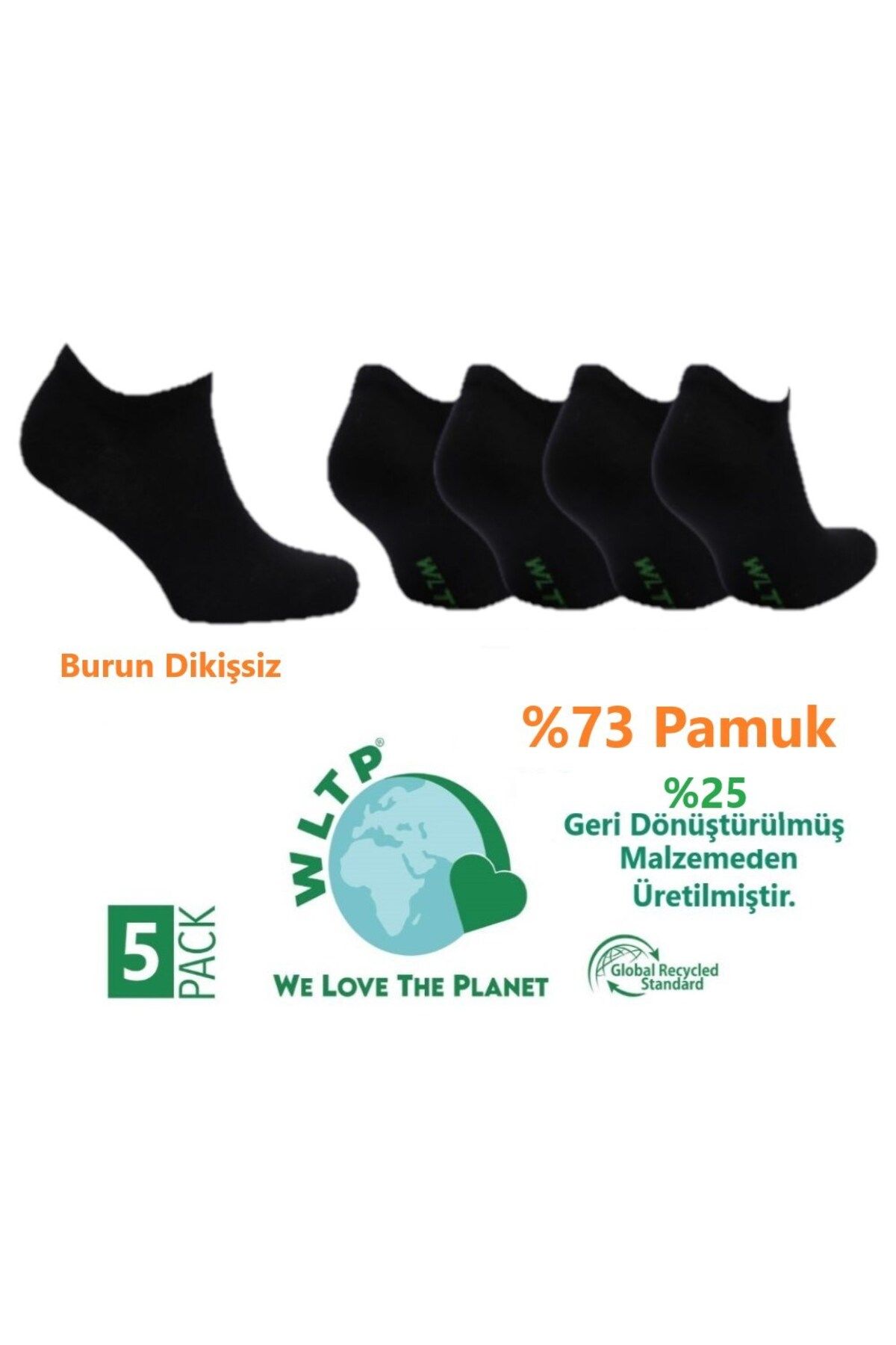 WLTP %73 Pamuk Günlük Siyah Penye Patik Çorap 5 Çift -dikişsiz- %25'i Geri Dönüşümden