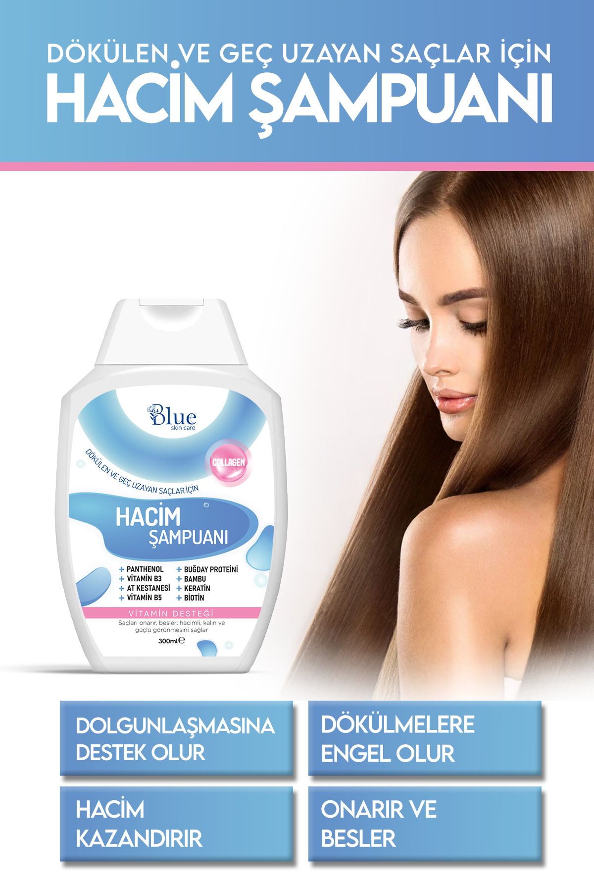 BLUE Skin Care Kolajen Ve Keratin Saç Dökülmesine Karşı Hızlı Saç Uzatan Dolgunlaştırıcı Onarıcı Besleyici Şampuan