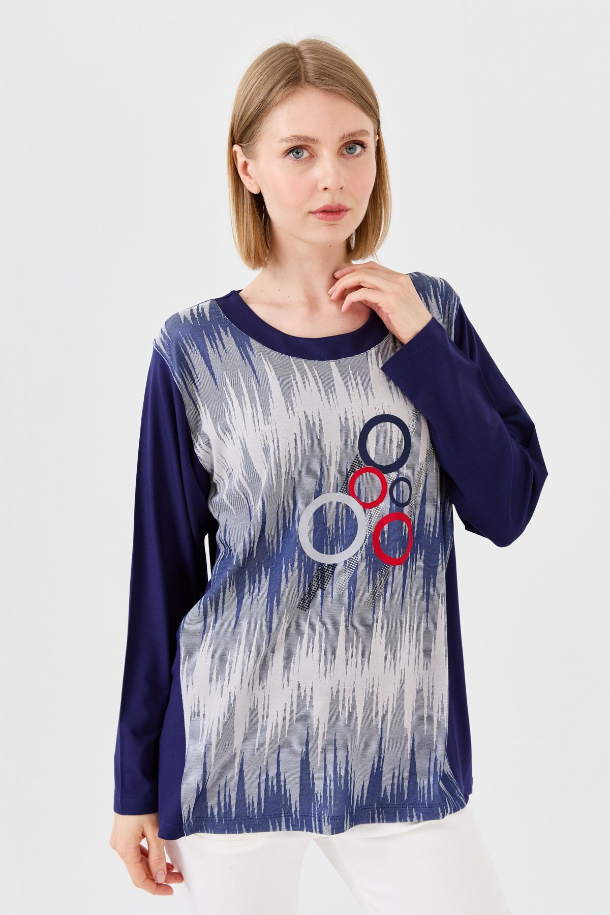 Desen Triko Kadın Sıfır Yaka Önü Desenli Uzun Kollu Penye Bluz Lacivert