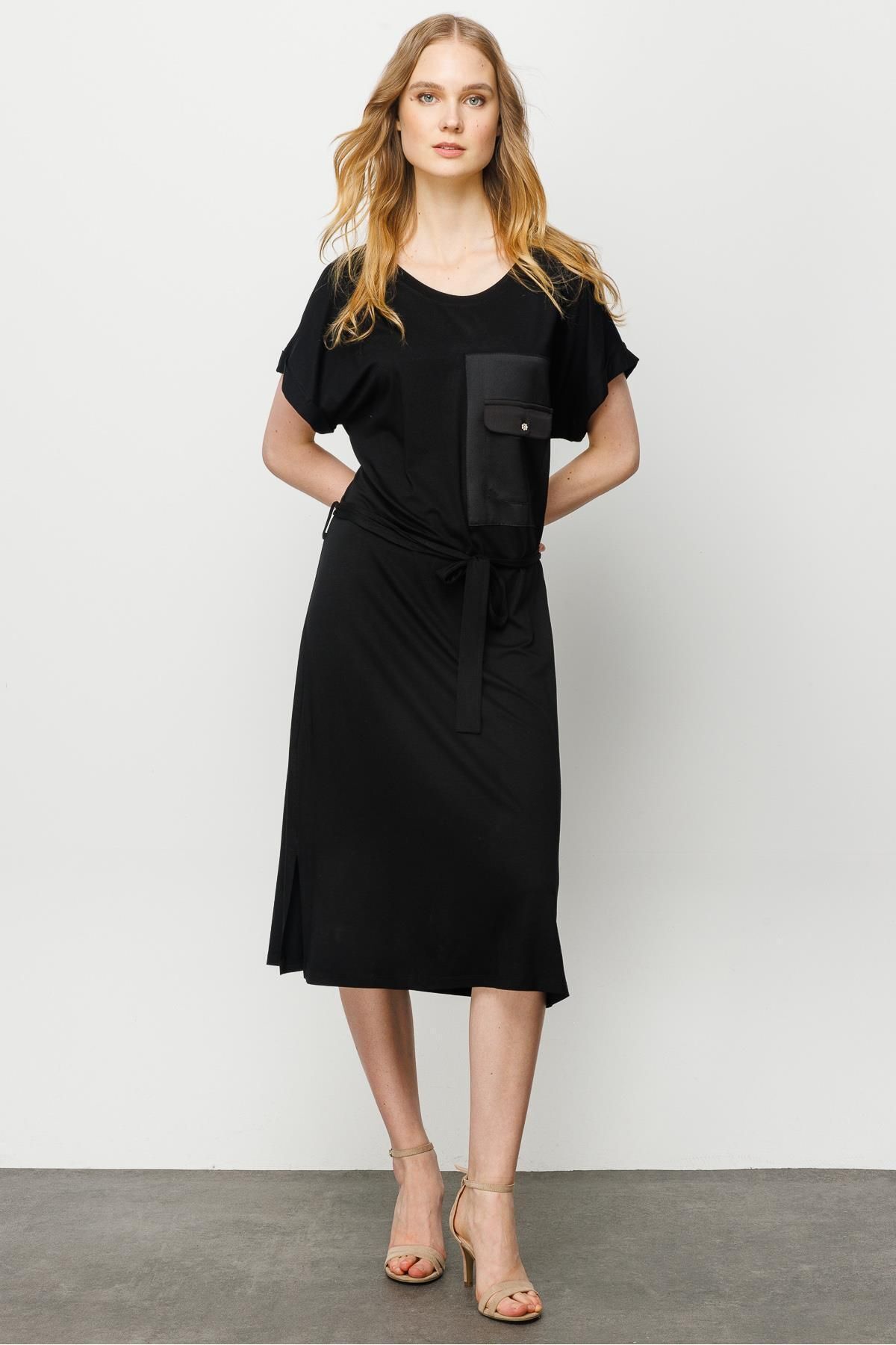 Desen Triko Kadın Sıfır Yaka Cebi Saten Elbise Siyah