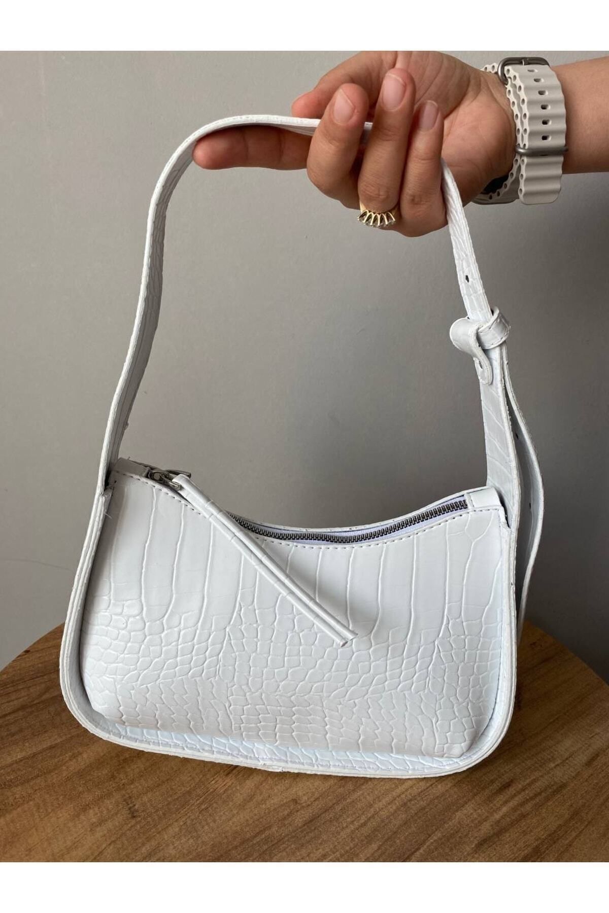AsperaBag Beyaz Kadın Kroko Desenli Baget Çanta