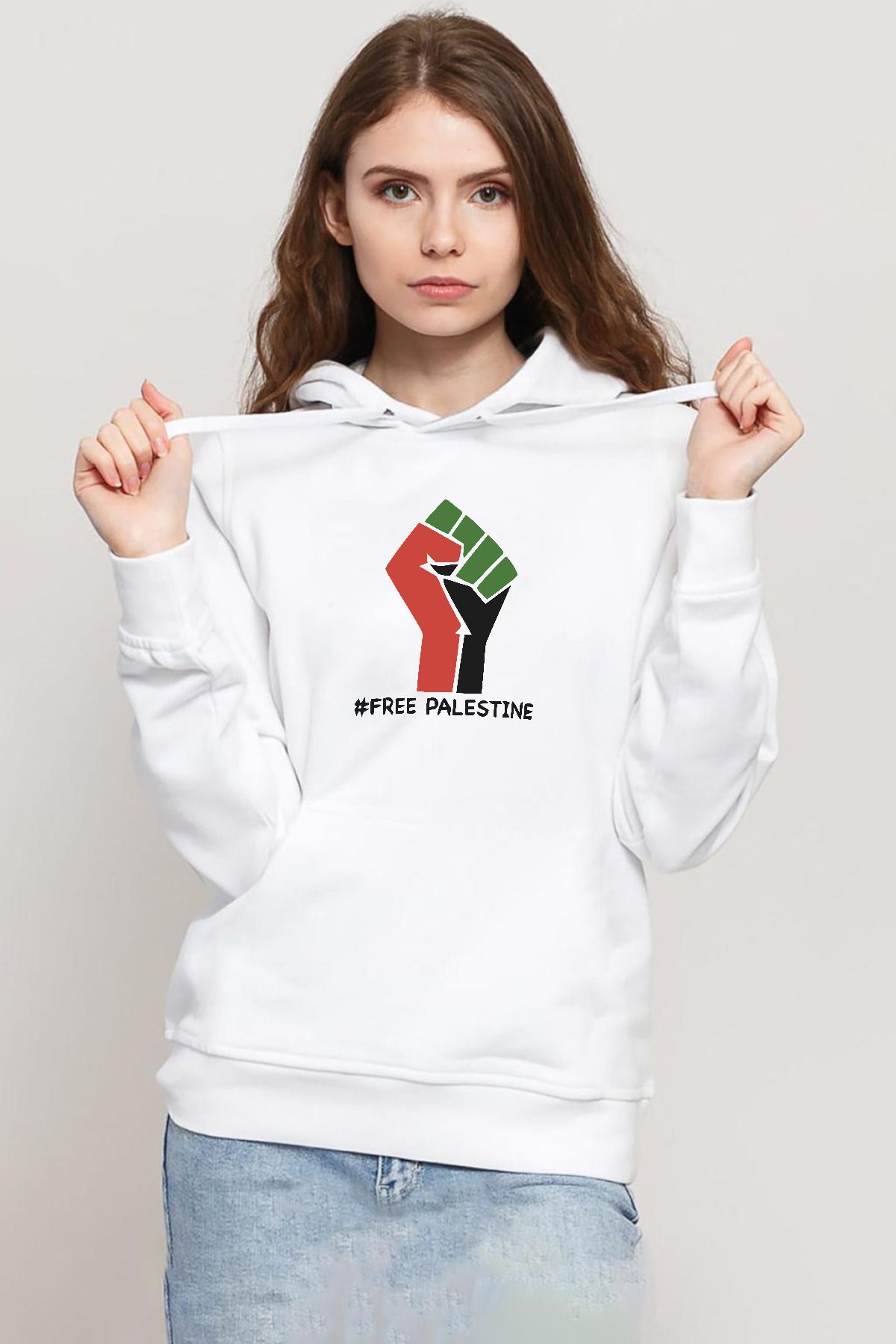 Tshirthane Hand Free Palestine Beyaz Kadın 3ip Kapşonlu Sweatshirt