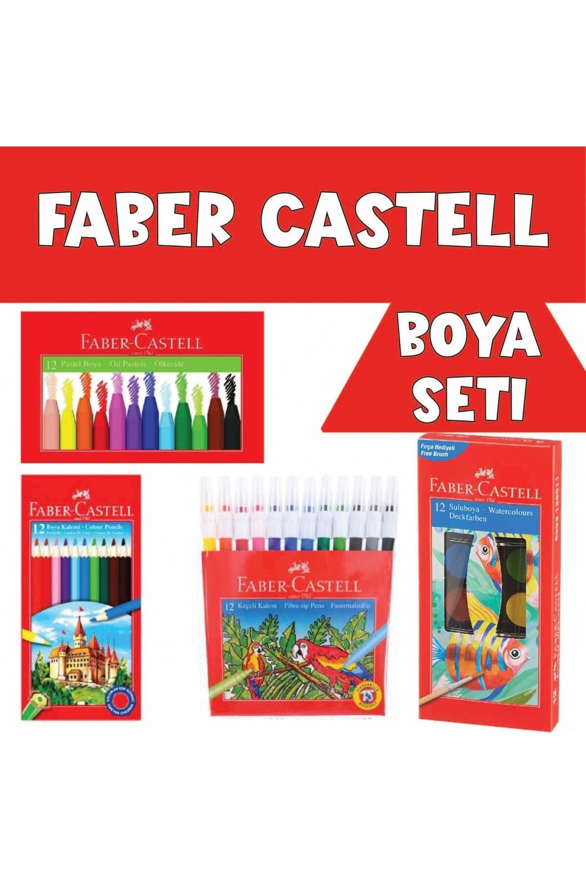 E&D OFİS Faber Castell Boya Seti (12'li Kuru Boya + 12'li Keçeli Kalem + 12'li Pastel Boya + 12'li Sulu Boya)