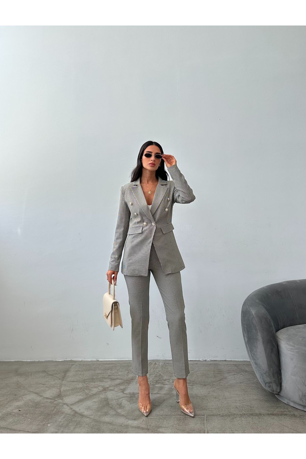 Female Clothing Asimetrik Pötikare Blazer Ceket Kemerli Yüksek Bel Cepli Pantolon Takım Elbise