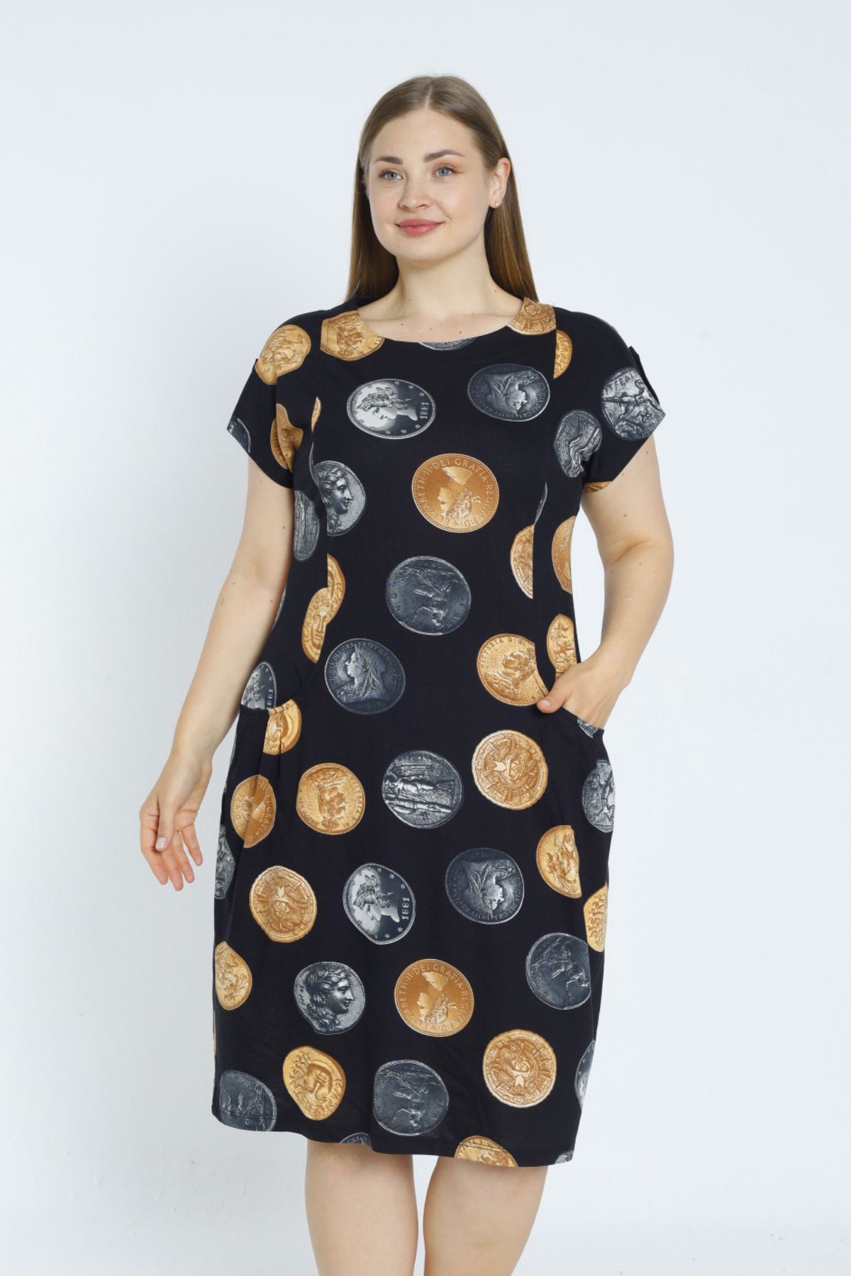 İntensive kadın para desenli kısa kollu cepli büyük beden pamuklu elbise