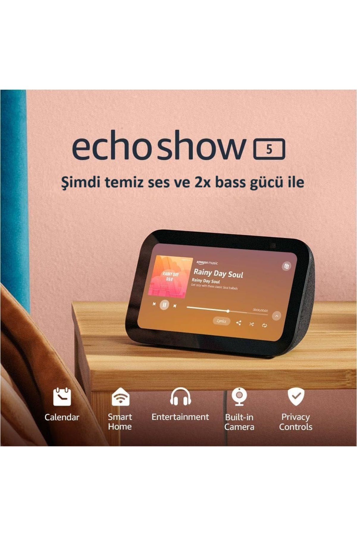 Amazon Echo Show 5 (3. Nesil, 2023 sürümü) | 2 kat daha fazla bas ve daha net ses ile akıllı ekran