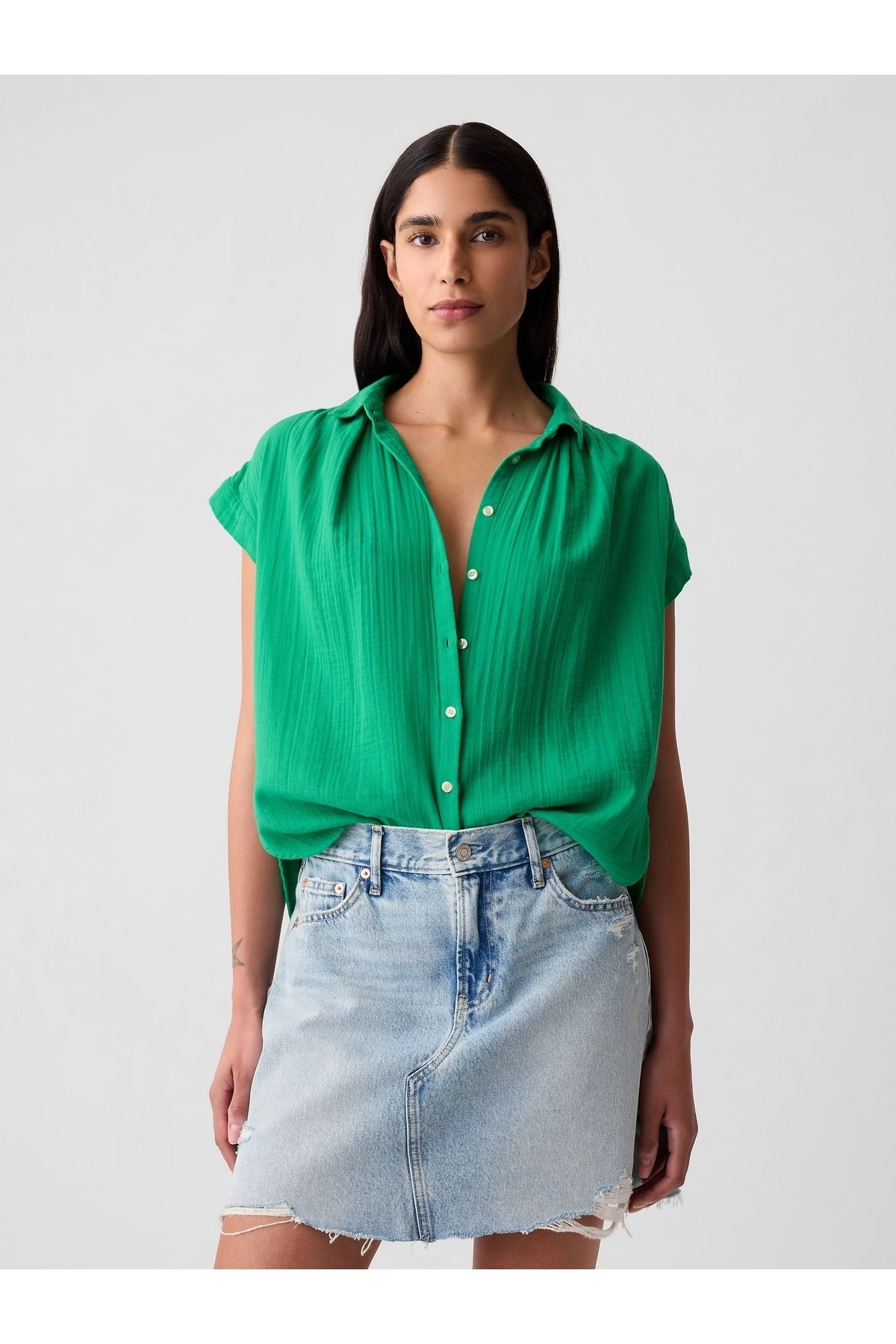 GAP Kadın Yeşil Crinkle Gauze Gömlek