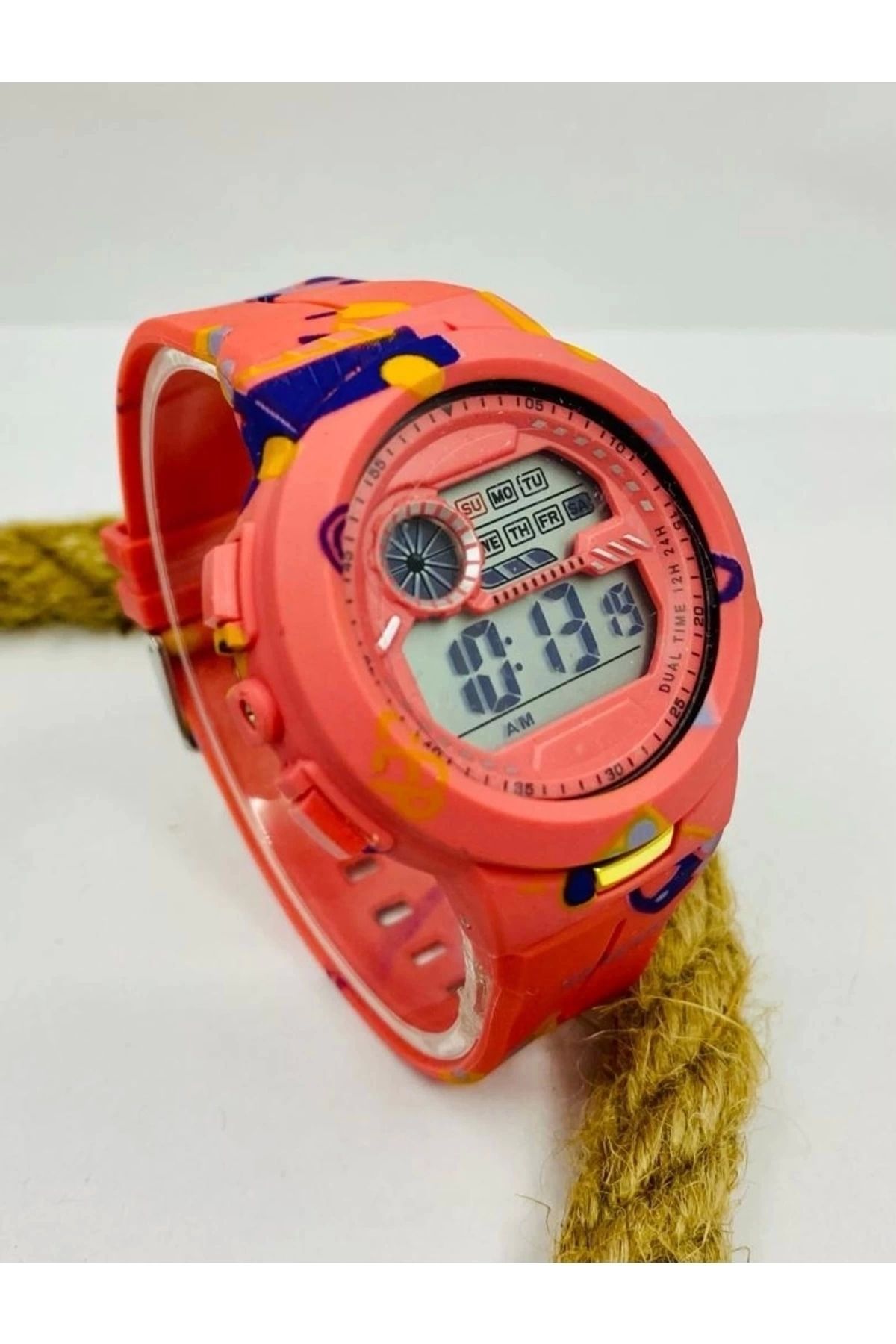 m melisa hediyelik Turuncu Renk Kordonlu Renkli Işıklı Takvim Özellikli Çocuk Genç Kol Saati Mls-463