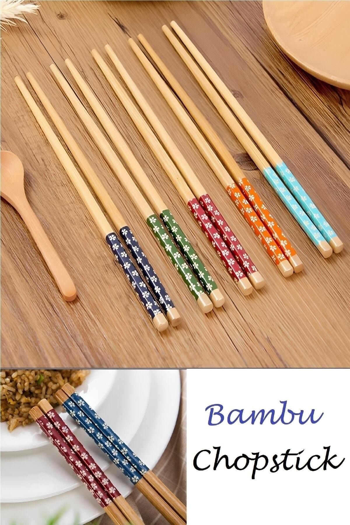 Hermoni Bambu Chopstick 5 Li Desenli Yıkanabilir Çin Çubuk Suşi Ramen Noodle Yemek Çubuğu