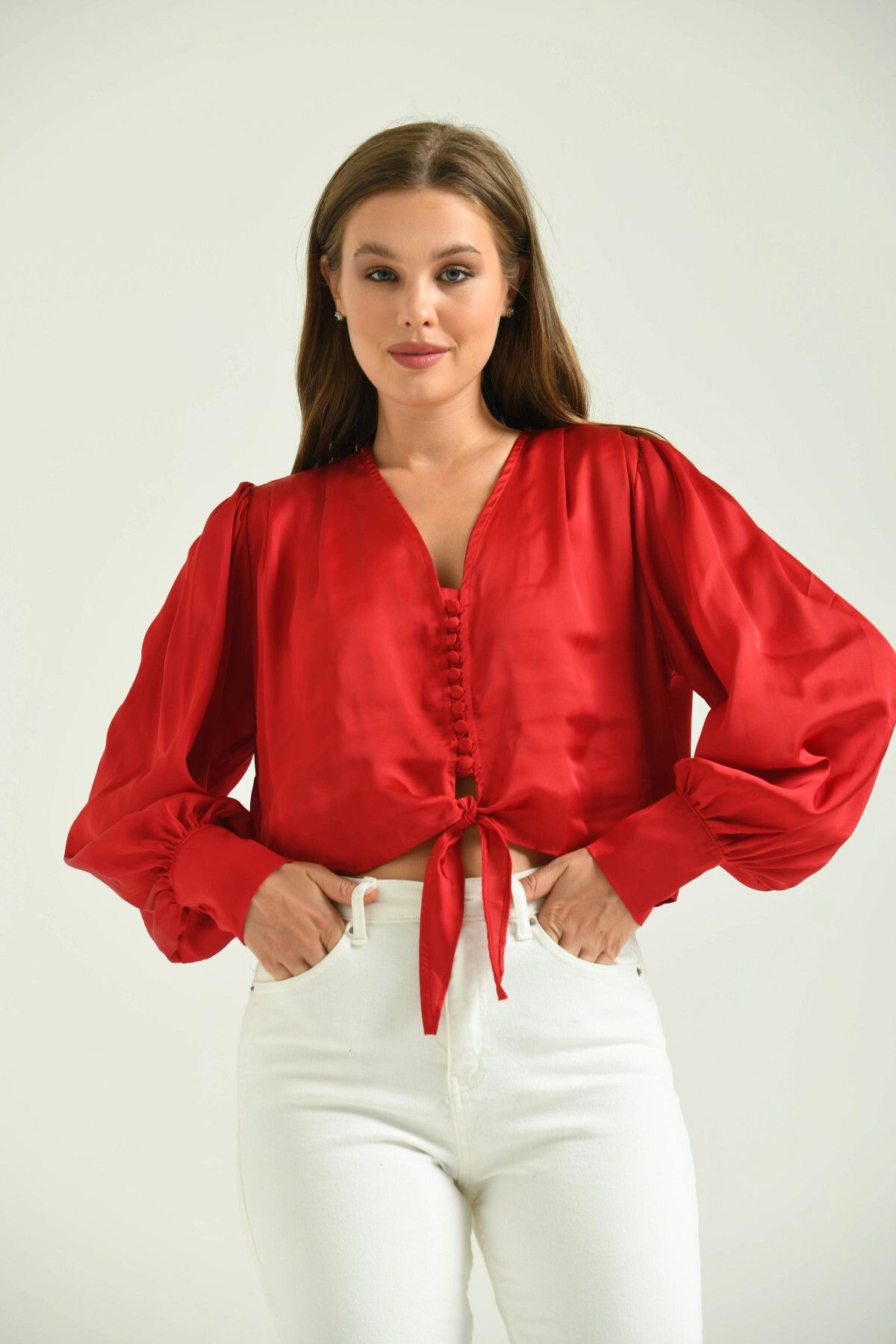 Park Karon Kadın Kırmızı Balon Kol Yaka Detay Bağcıklı Bluz