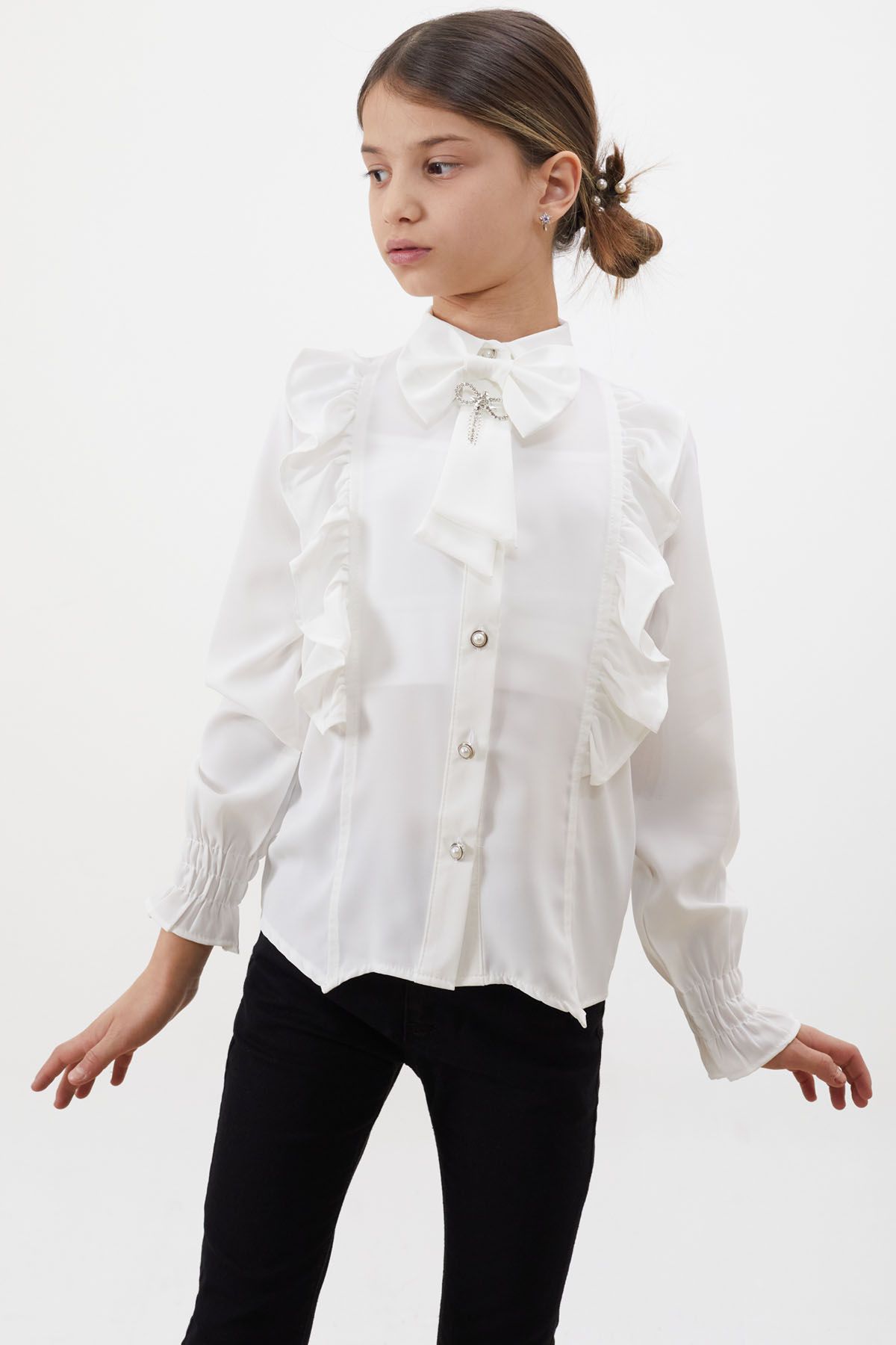 Cansın Mini Yakası Fiyonklu Düğmeli Kız Çocuk Beyaz Gömlek 18454