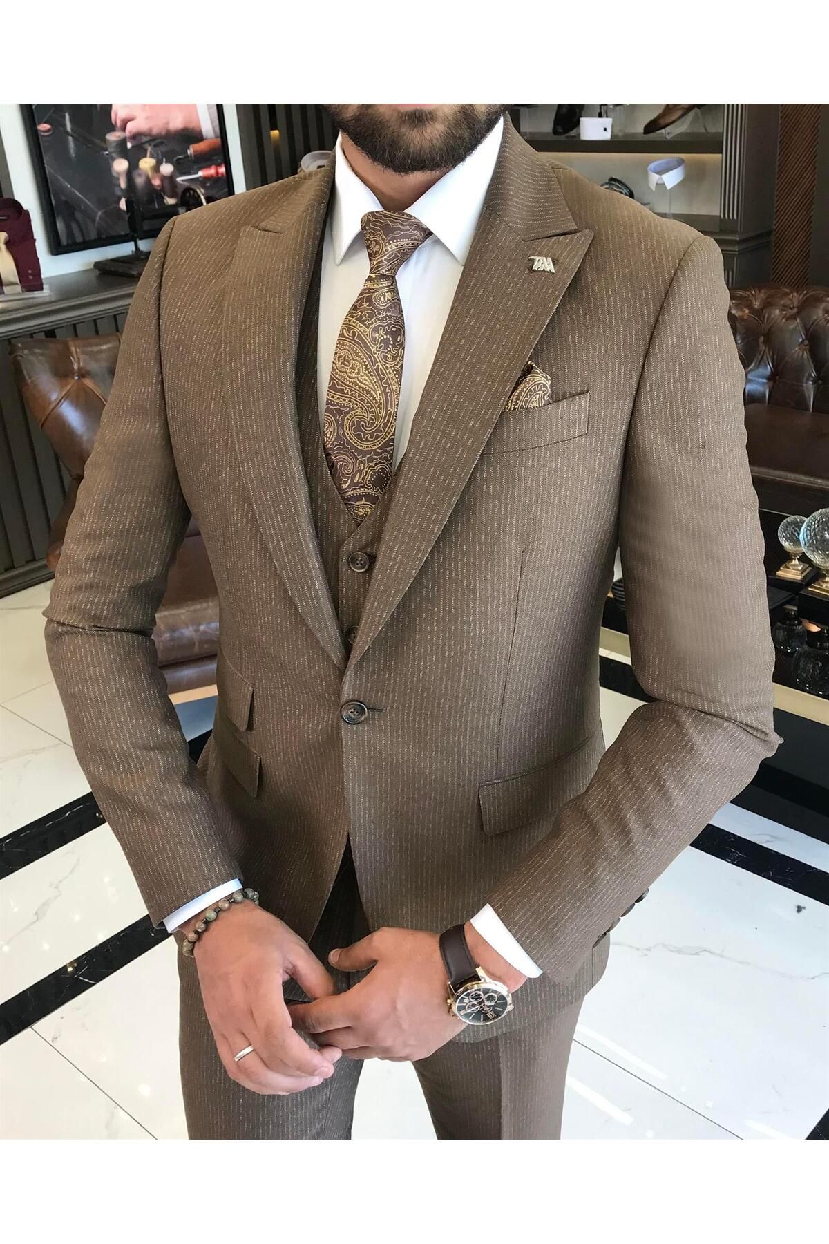 TerziAdemAltun İtalyan stil slim fit çizgili ceket yelek pantolon takım elbise kahverengi T9676