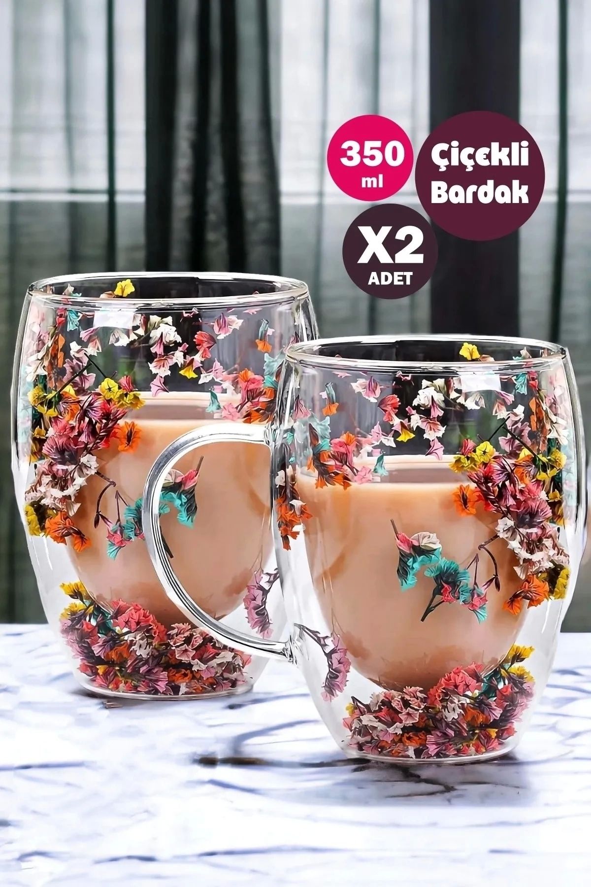 Berdina Home 2'li Çift Cidarlı Flower Cup 350ml Çiçekli Bardak Kahve Çay Bardağı El Yapımı Kulplu Cam Bardak Set