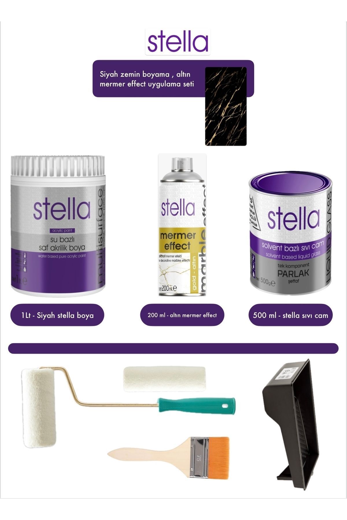Stella Set 1 Lt siyah boya + altın efekt + solvent sıvı cam + moher rulo + rulo ucu