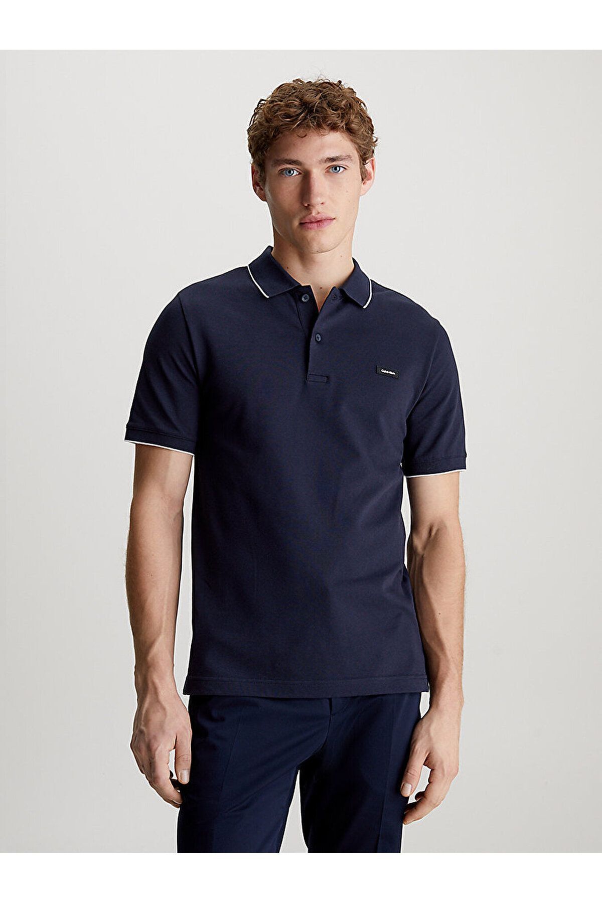 Calvin Klein Erkek Pamuklu Logolu Dokuma Kumaş Lacivert Polo Yaka T-Shirt K10K112751-CHW