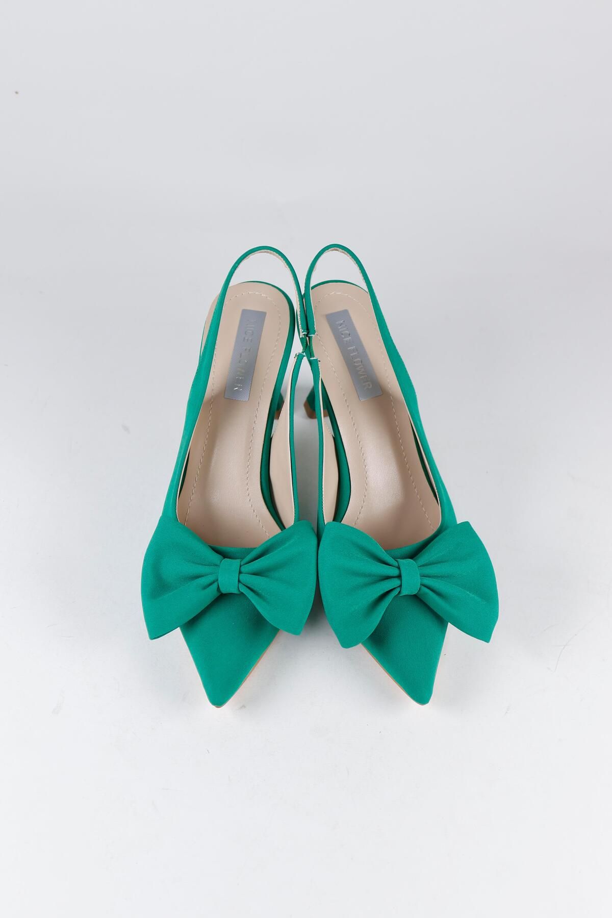 NiceDiffer Kadın Fiyonk  Detaylı Yeşil Saten  Topuklu Ayakkabı
